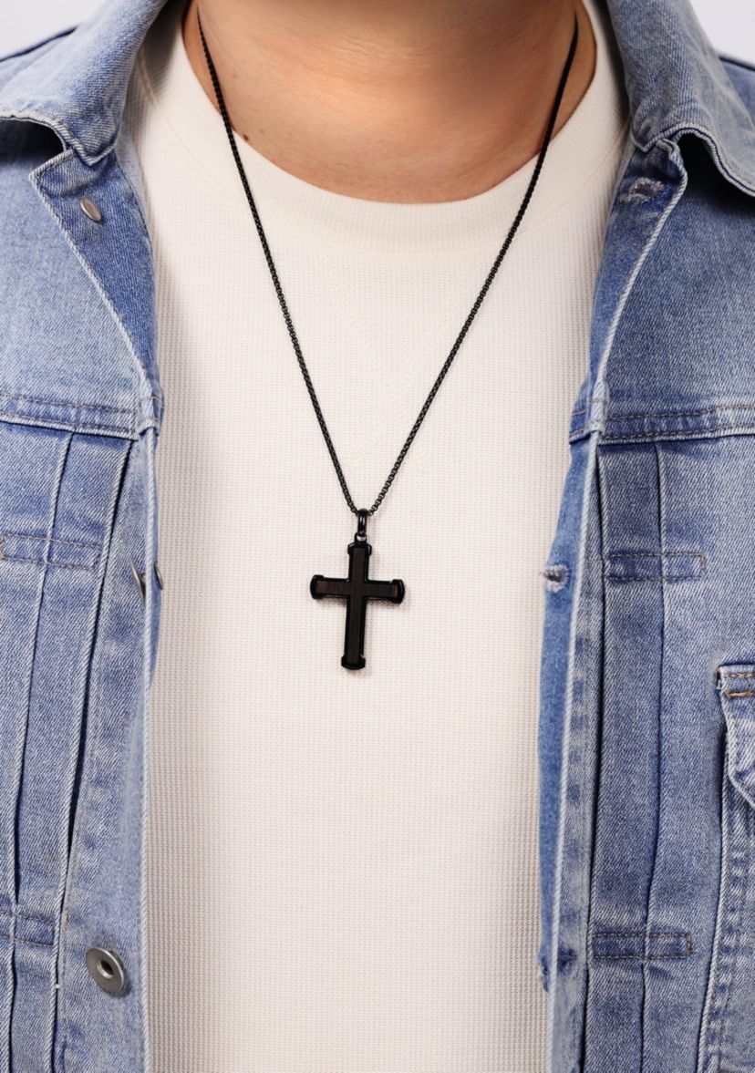 Stainless Steel and Ebony Wood Cross Pendant with Black Ip 24" Round Box Chain