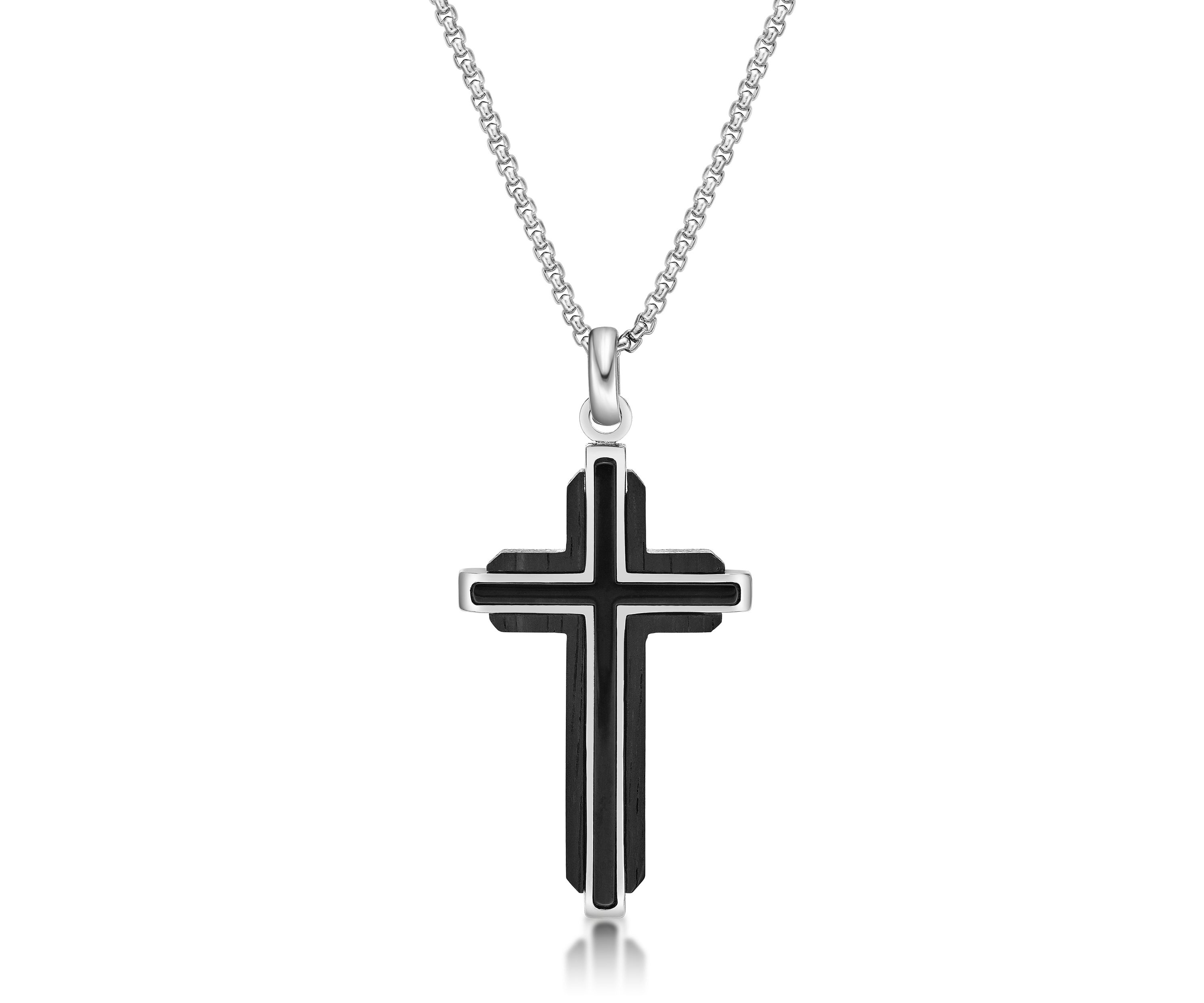 Stainless Steel and Wood Cross Pendant with 24" Round Box Chain