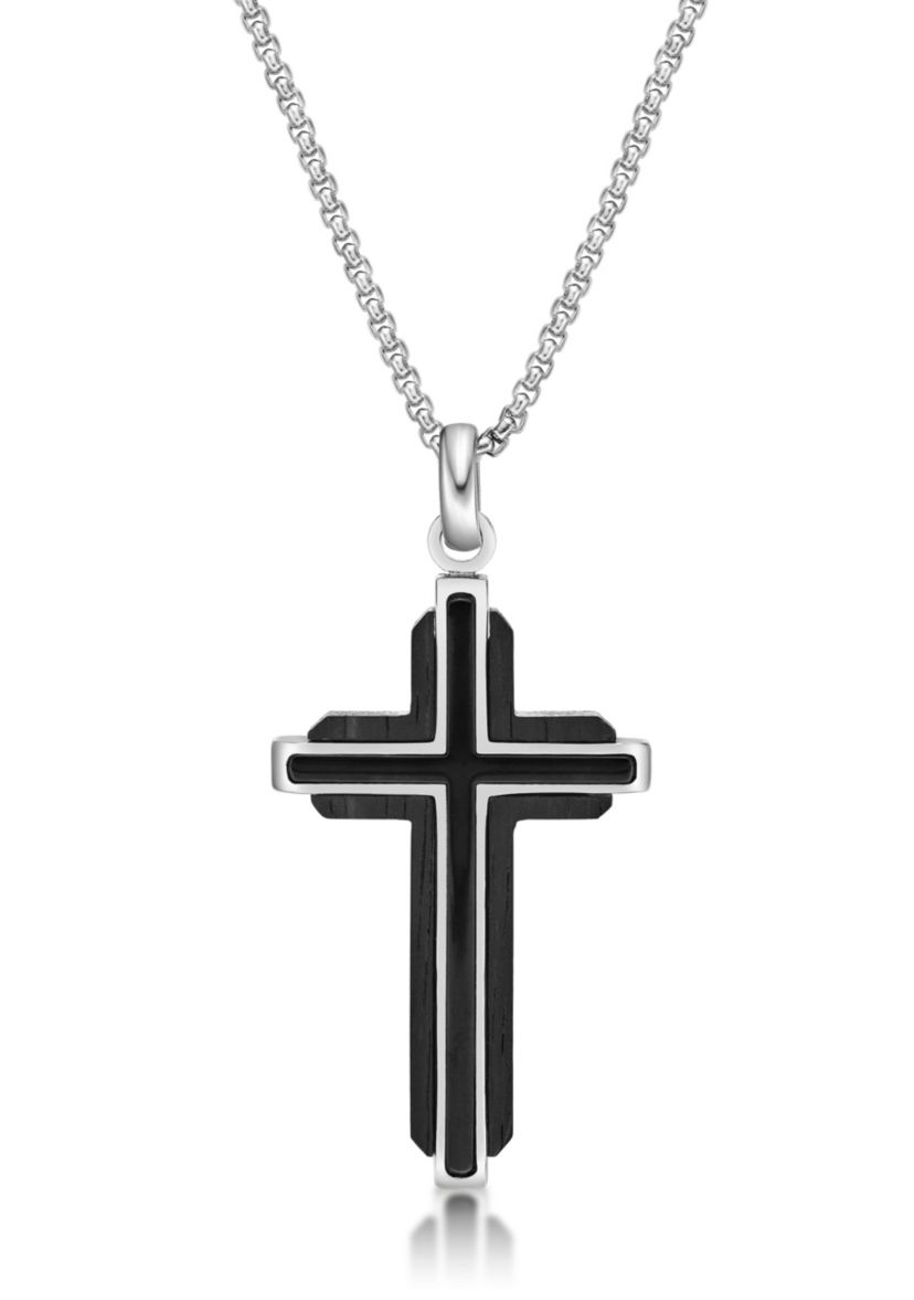 Stainless Steel and Wood Cross Pendant with 24" Round Box Chain