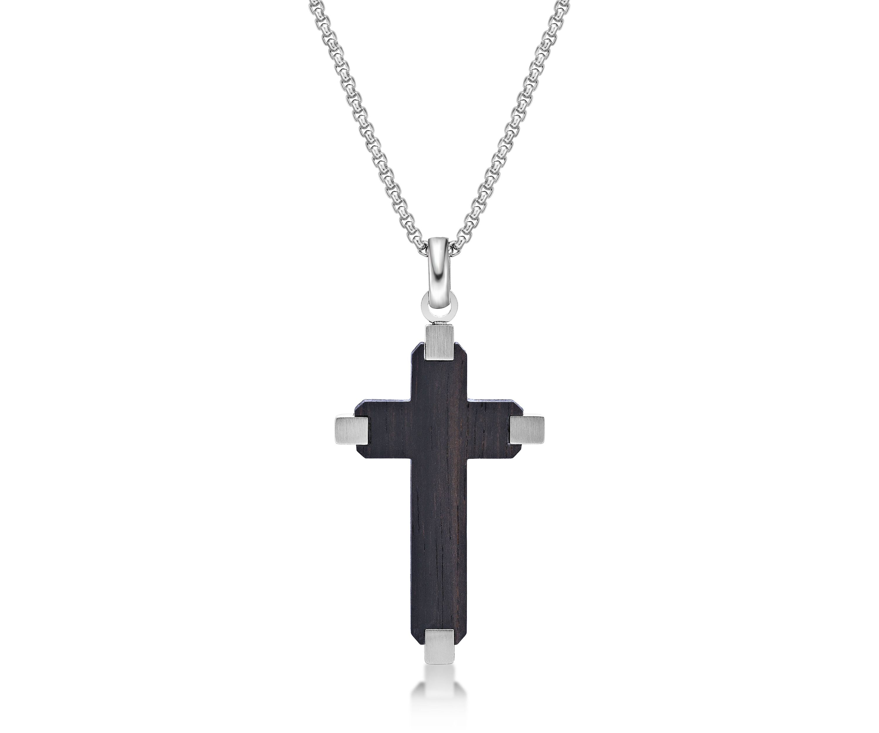 Stainless Steel and Wood Cross Pendant with 24" Round Box Chain