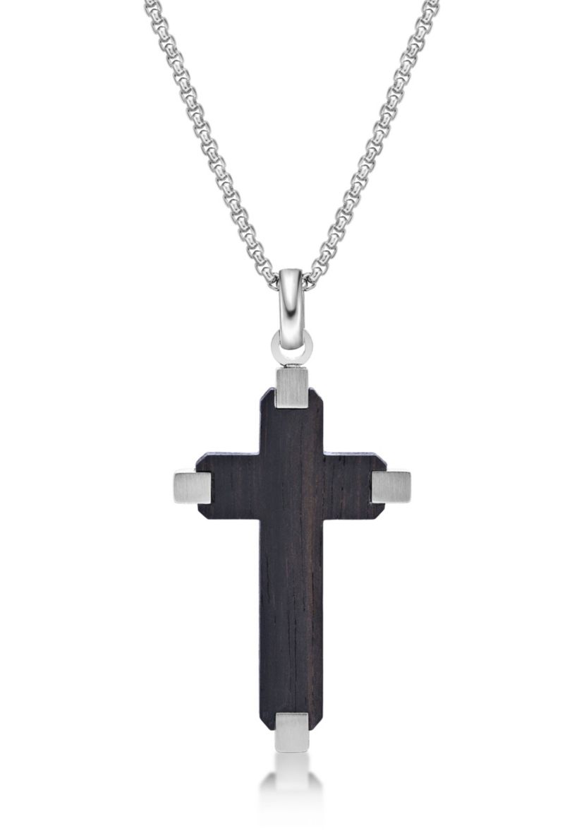 Stainless Steel and Wood Cross Pendant with 24" Round Box Chain