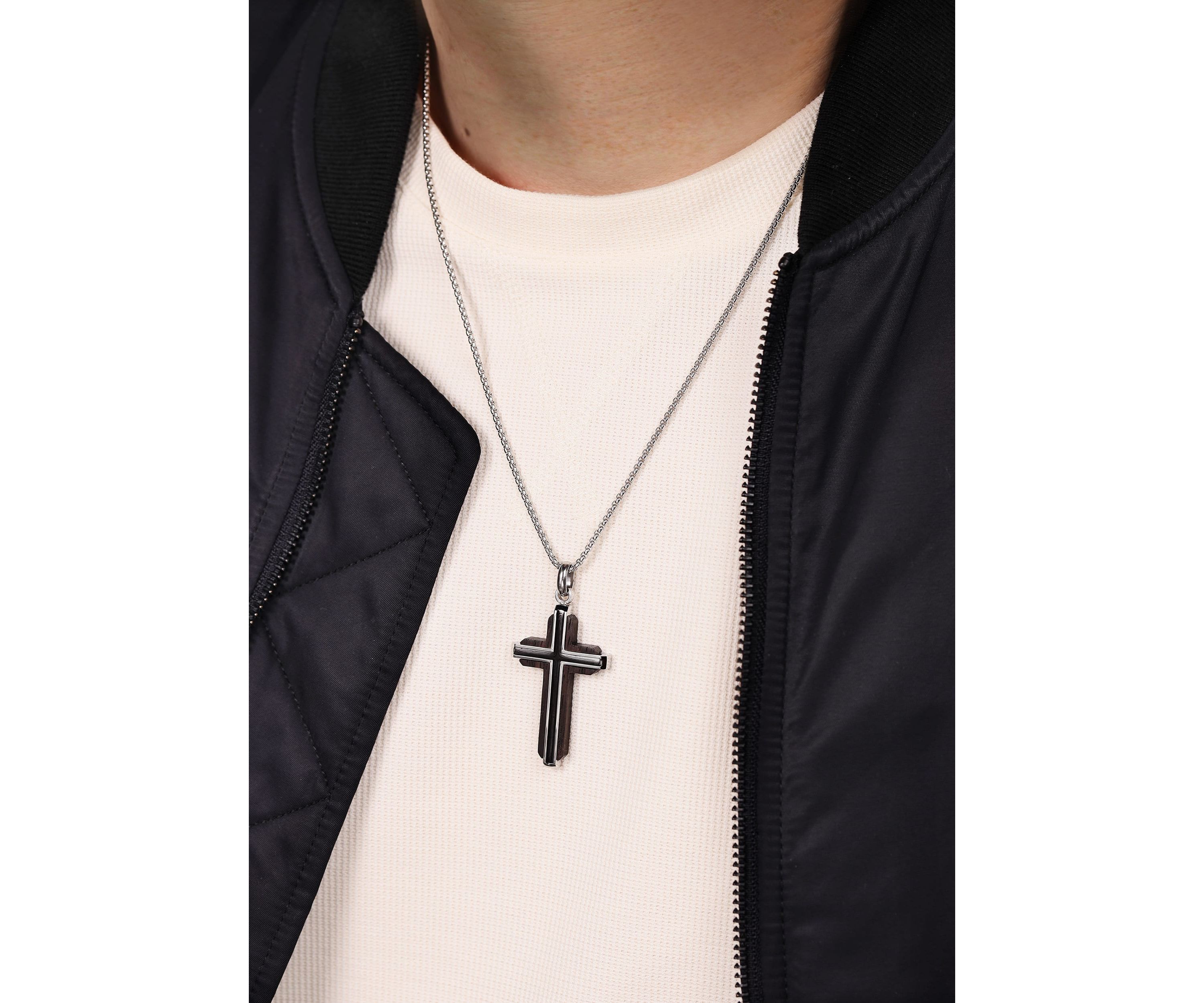 Stainless Steel and Wood Cross Pendant with 24" Round Box Chain