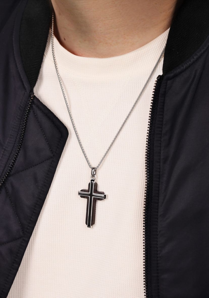 Stainless Steel and Wood Cross Pendant with 24" Round Box Chain