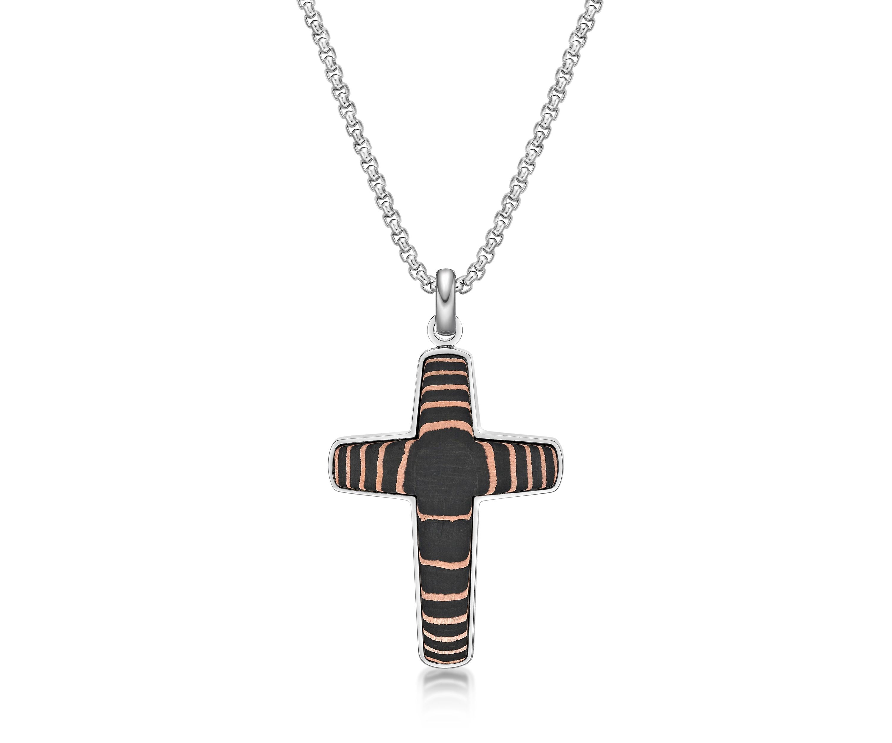 Stainless Steel, Carbon Fiber and Copper Foil Cross Pendant with 24" Round Box Chain