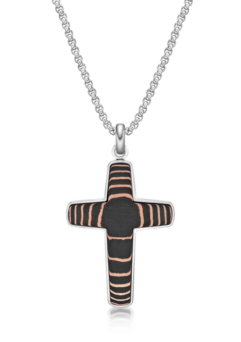 Stainless Steel, Carbon Fiber and Copper Foil Cross Pendant with 24" Round Box Chain