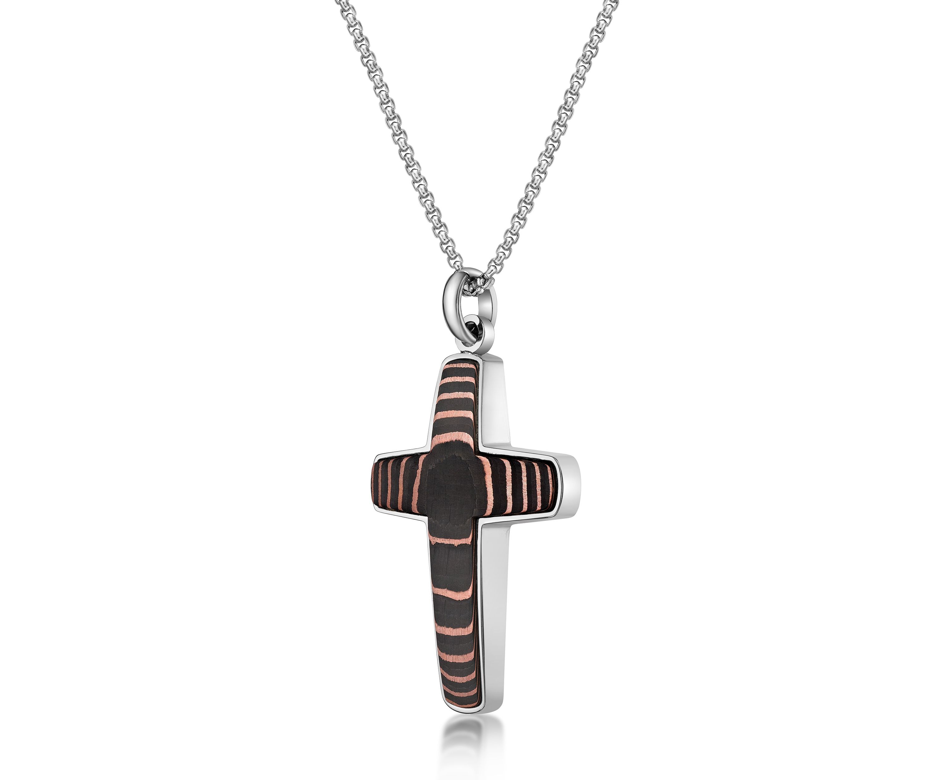 Stainless Steel, Carbon Fiber and Copper Foil Cross Pendant with 24" Round Box Chain