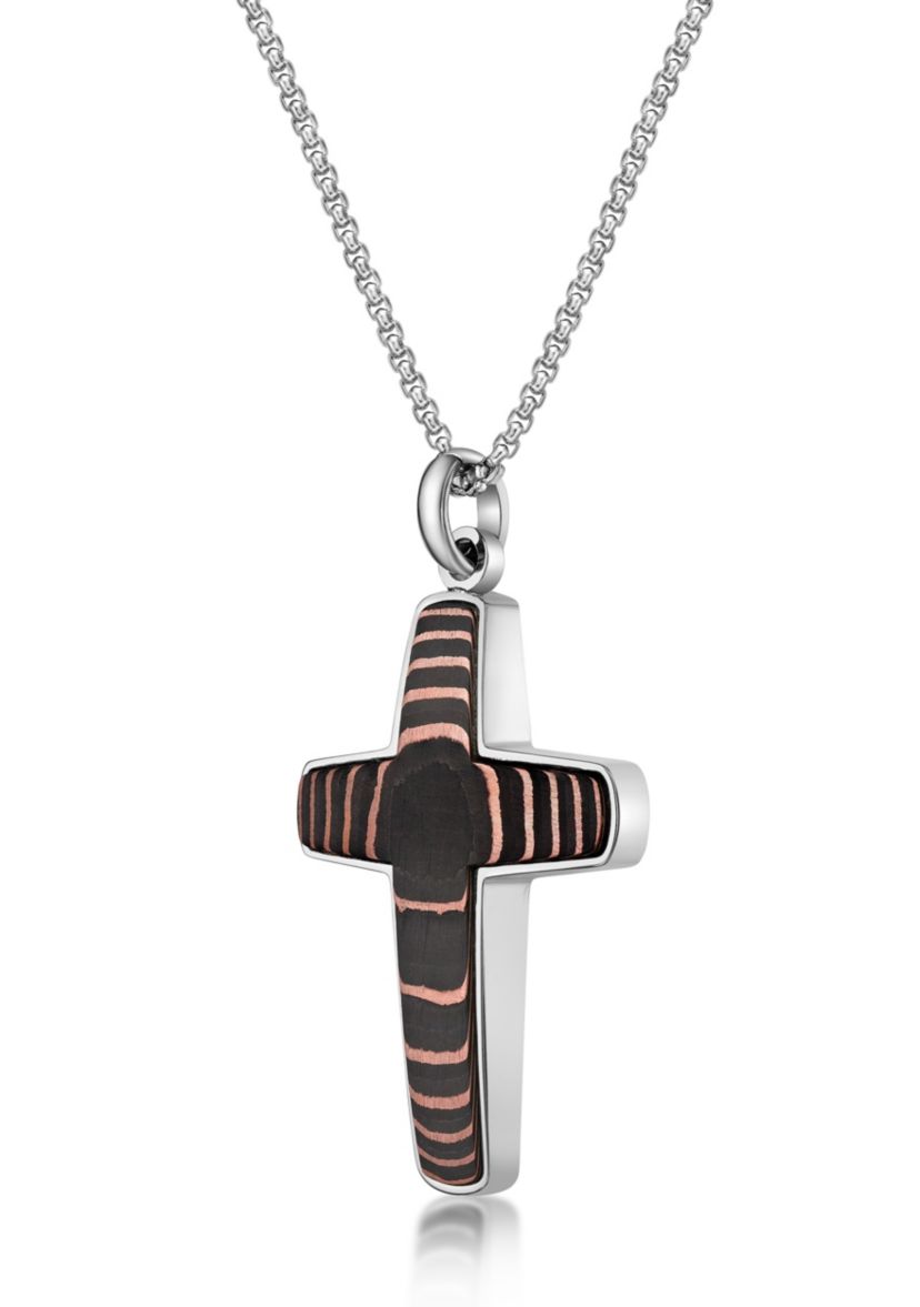 Stainless Steel, Carbon Fiber and Copper Foil Cross Pendant with 24" Round Box Chain