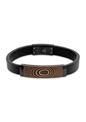 LYNX Men's Black Ion Plated Stainless Steel and Leather Bracelet with Carbon Fiber & Copper Inlay, 8.5 in