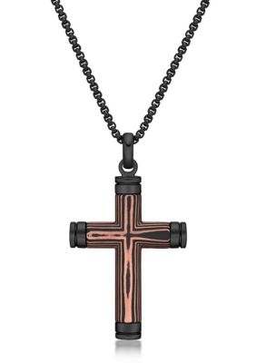 LYNX Men's Stainless Steel, Carbon Fiber & Copper Foil Cross Pendant with Black Ip and 24" Round Box Chain, 24 in