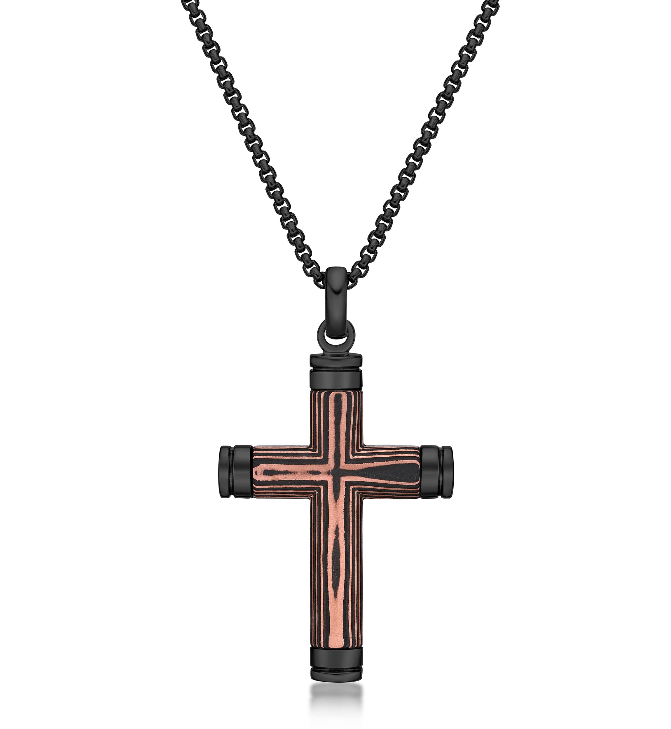 Stainless Steel, Carbon Fiber & Copper Foil Cross Pendant with Black Ip and 24" Round Box Chain