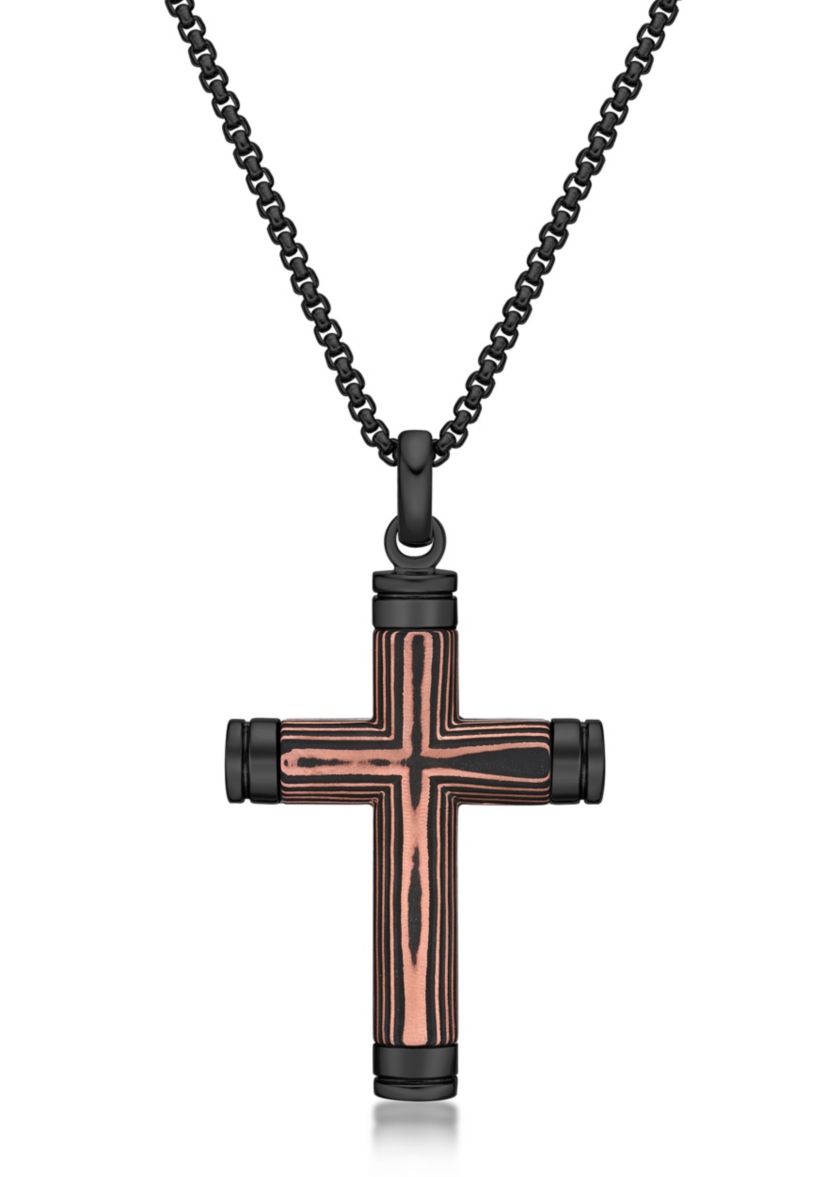 Stainless Steel, Carbon Fiber & Copper Foil Cross Pendant with Black Ip and 24" Round Box Chain