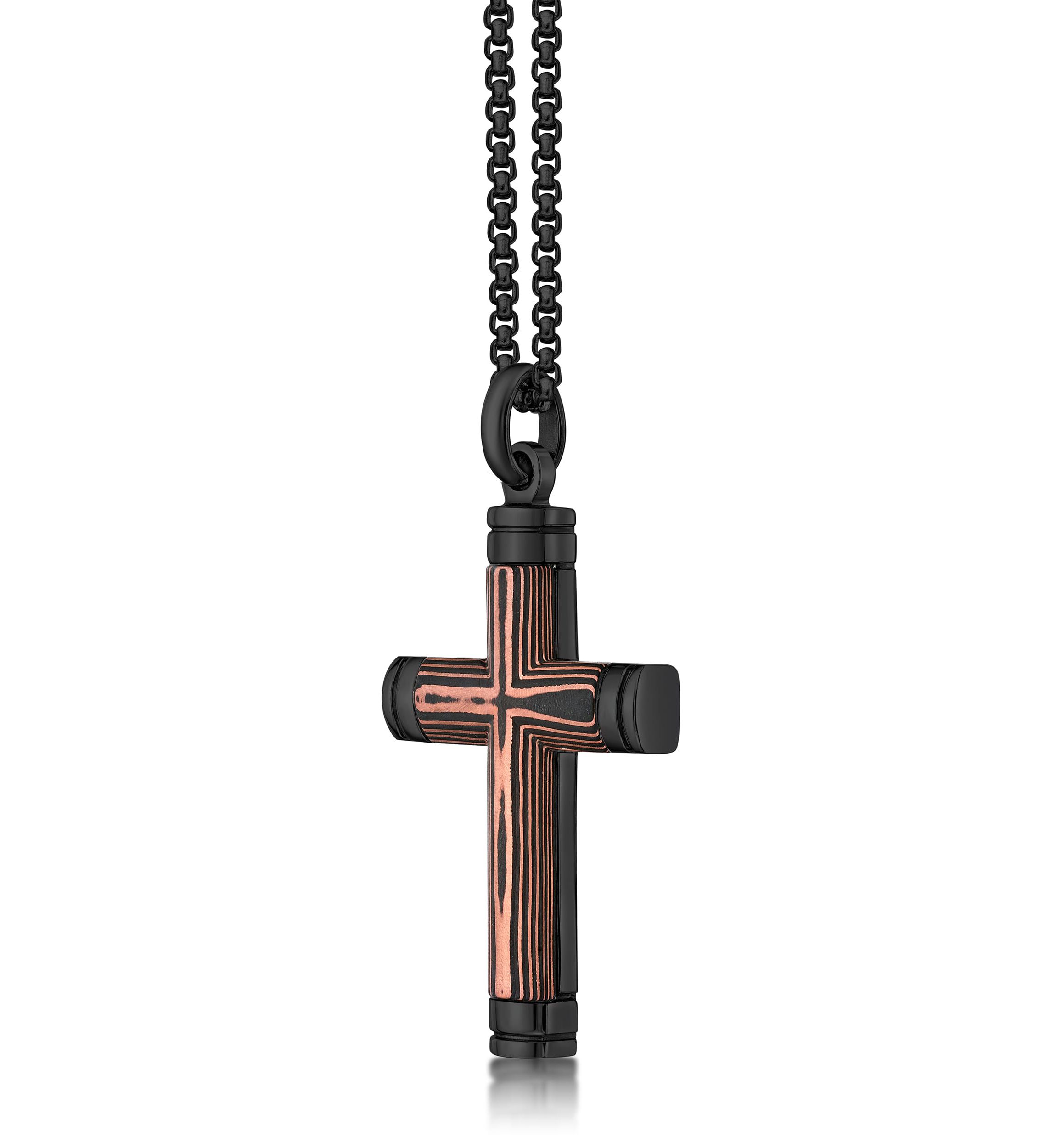 Stainless Steel, Carbon Fiber & Copper Foil Cross Pendant with Black Ip and 24" Round Box Chain