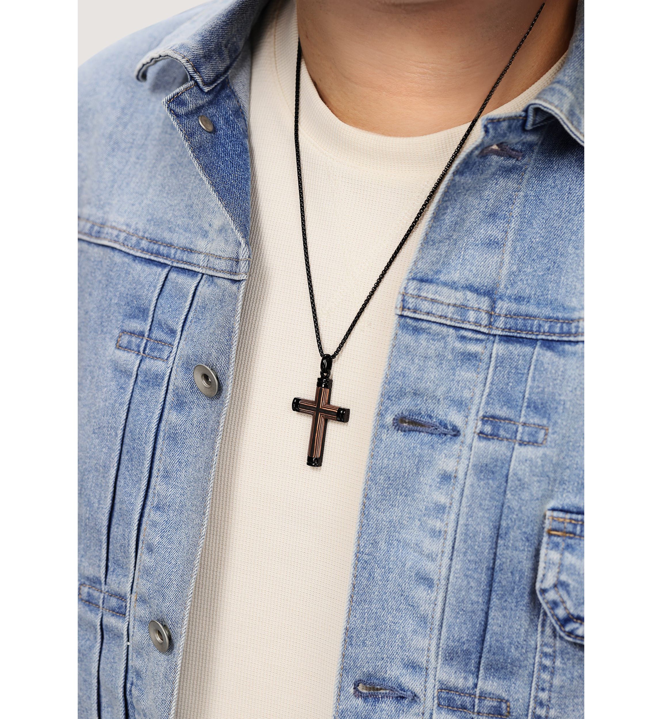 Stainless Steel, Carbon Fiber & Copper Foil Cross Pendant with Black Ip and 24" Round Box Chain