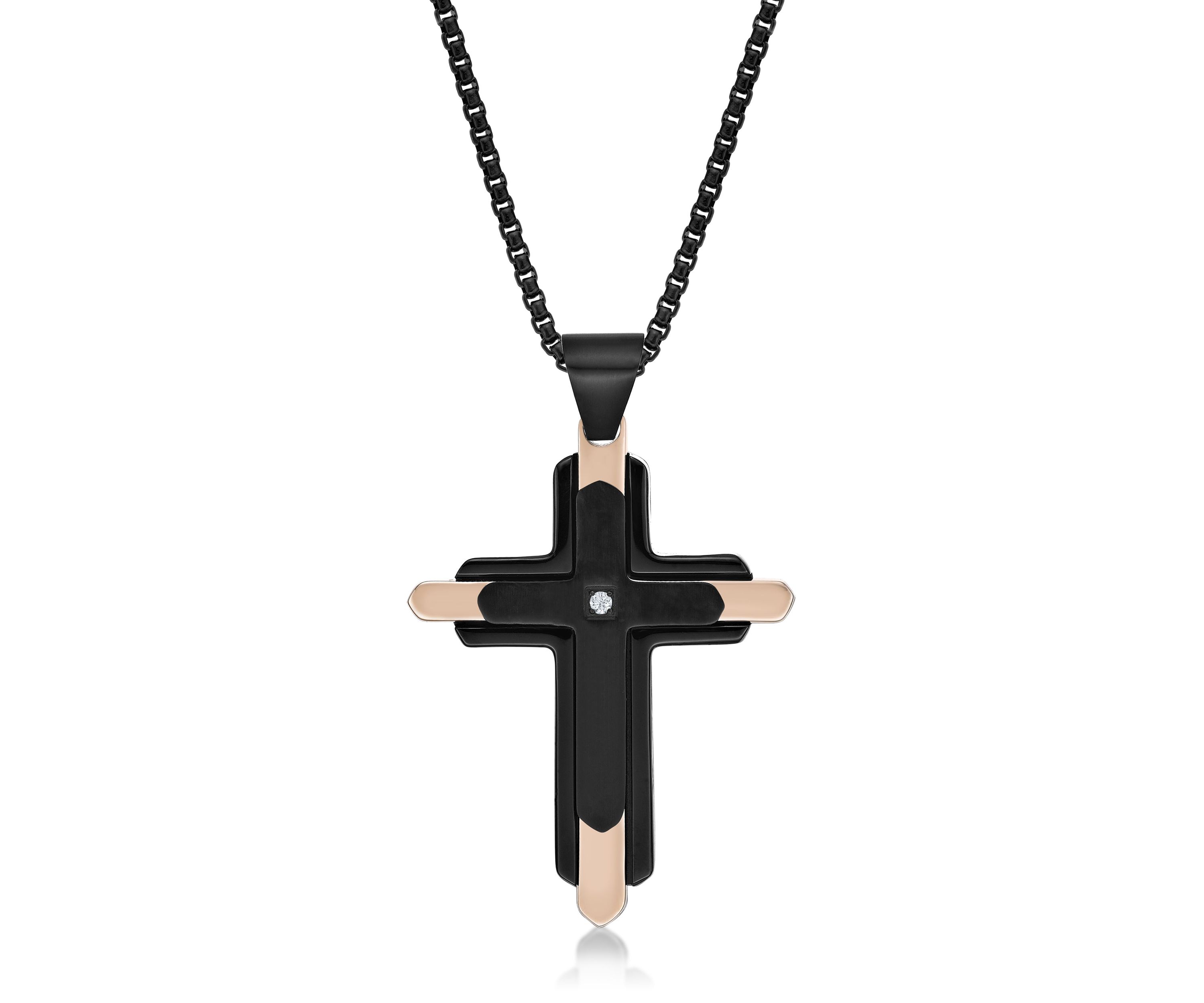 Stainless Steel and 0.03 Cttw Diamond Cross Pendant with Black & Rose Ip and 24" Round Box Chain