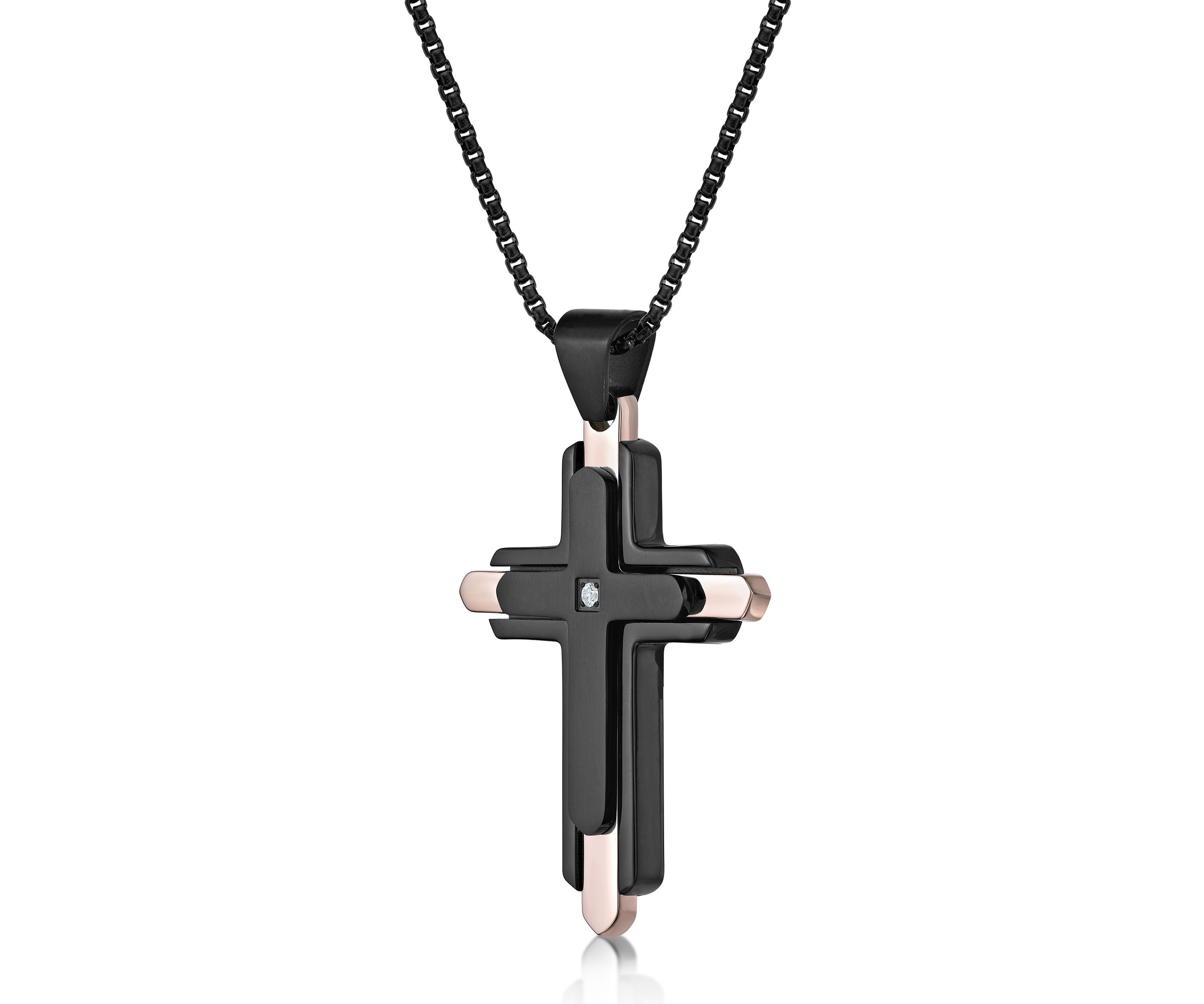 Stainless Steel and 0.03 Cttw Diamond Cross Pendant with Black & Rose Ip and 24" Round Box Chain