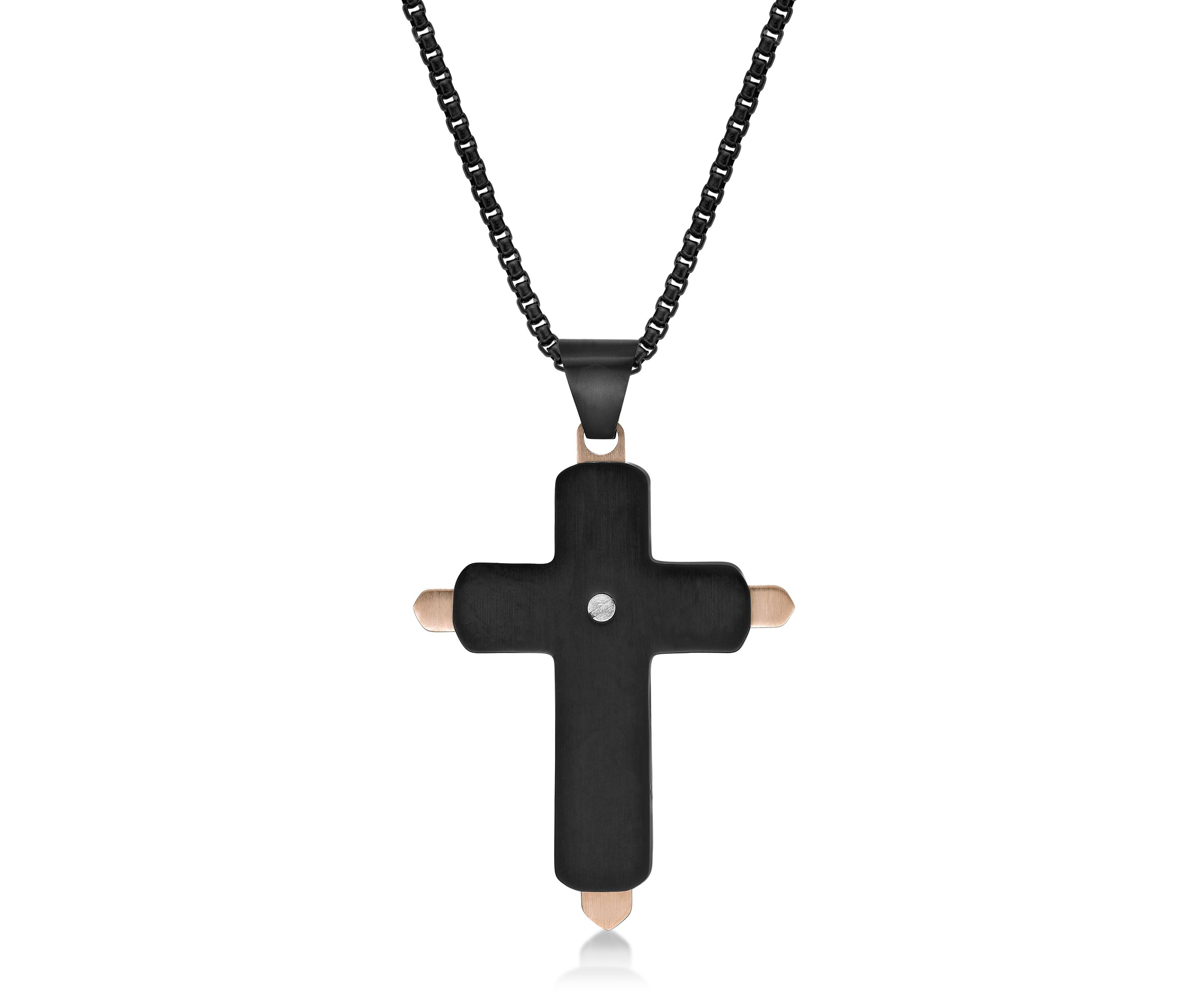 Stainless Steel and 0.03 Cttw Diamond Cross Pendant with Black & Rose Ip and 24" Round Box Chain