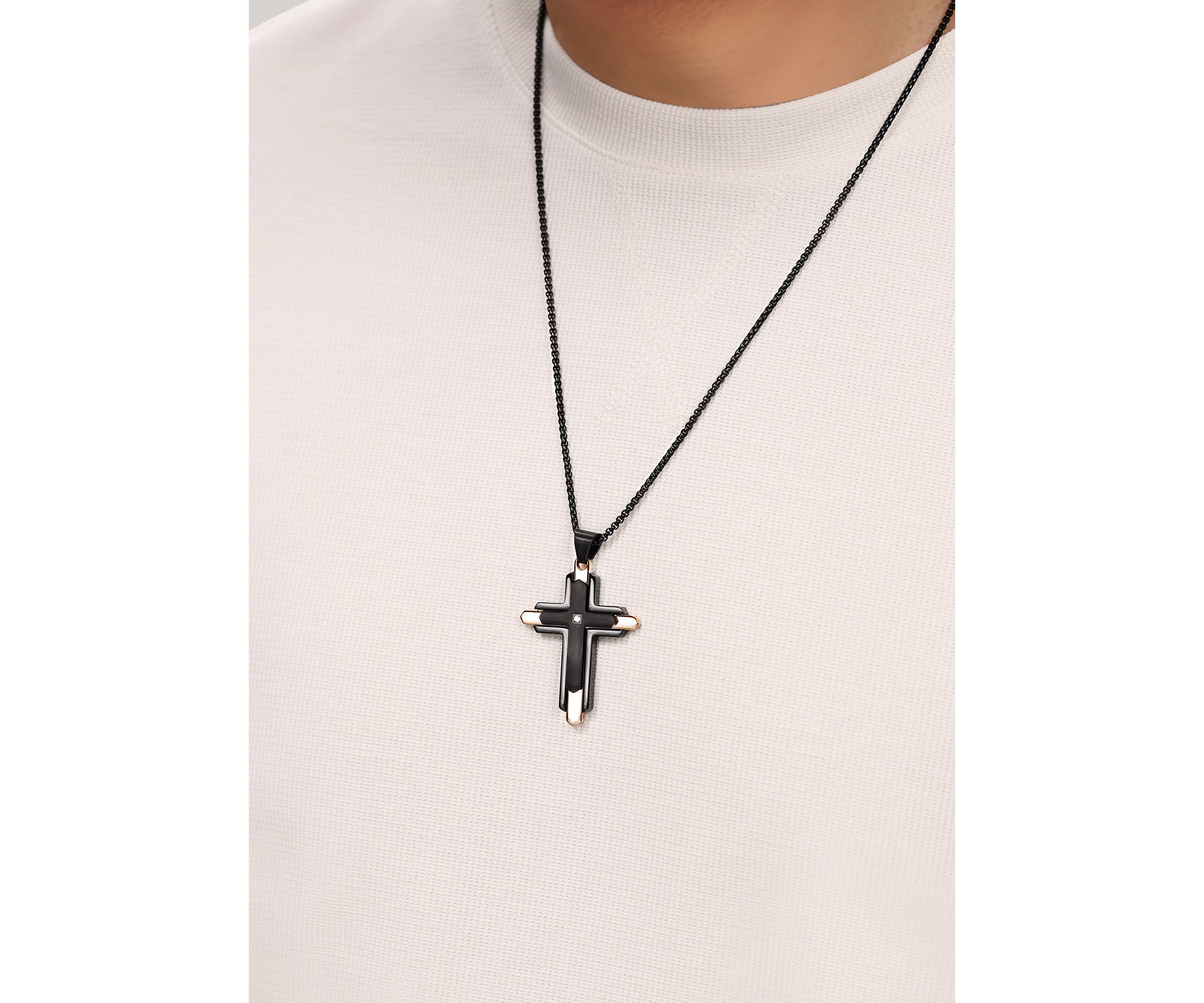 Stainless Steel and 0.03 Cttw Diamond Cross Pendant with Black & Rose Ip and 24" Round Box Chain