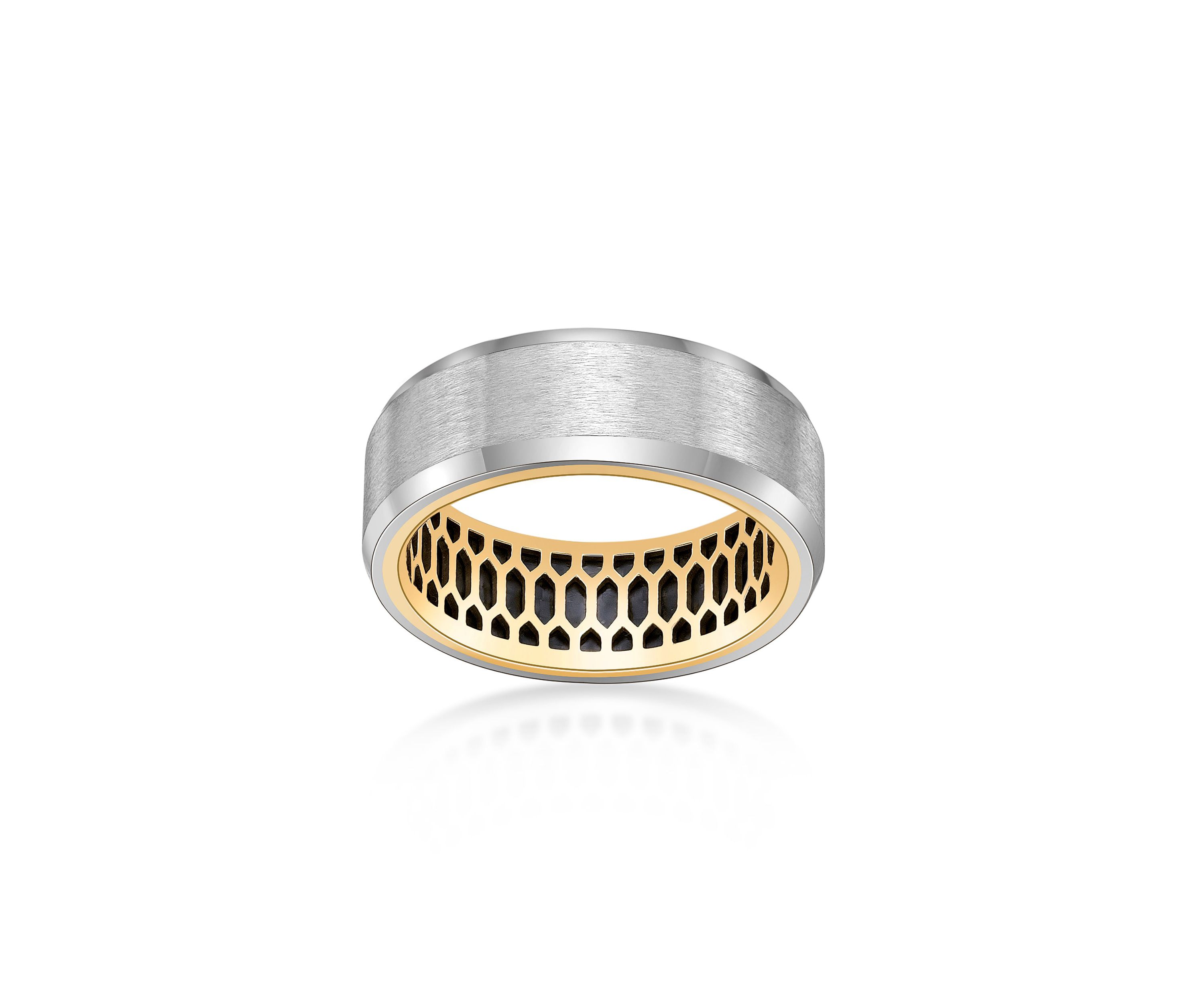 Stainless Steel Ring with Black Carbon Fiber Sheet Inlay And Gold Tone Ip