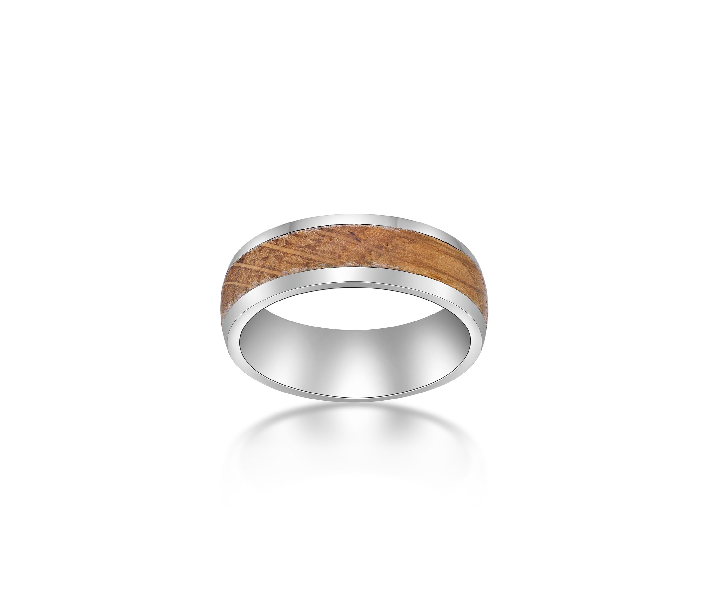 Stainless Steel Ring With Whisky Barrel Wood Inlay And Clear Resin