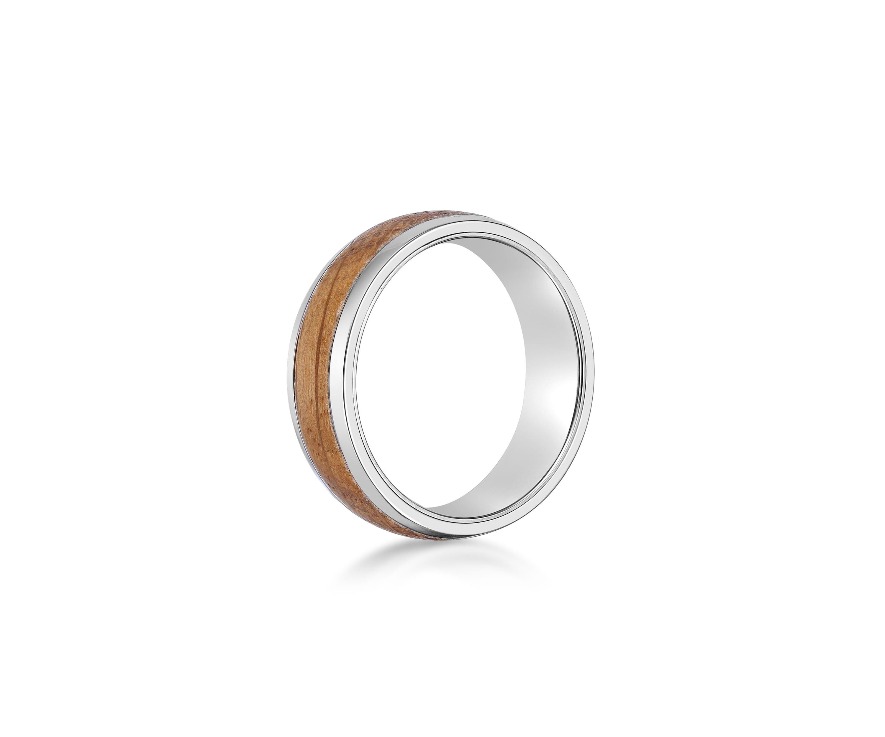 Stainless Steel Ring With Whisky Barrel Wood Inlay And Clear Resin