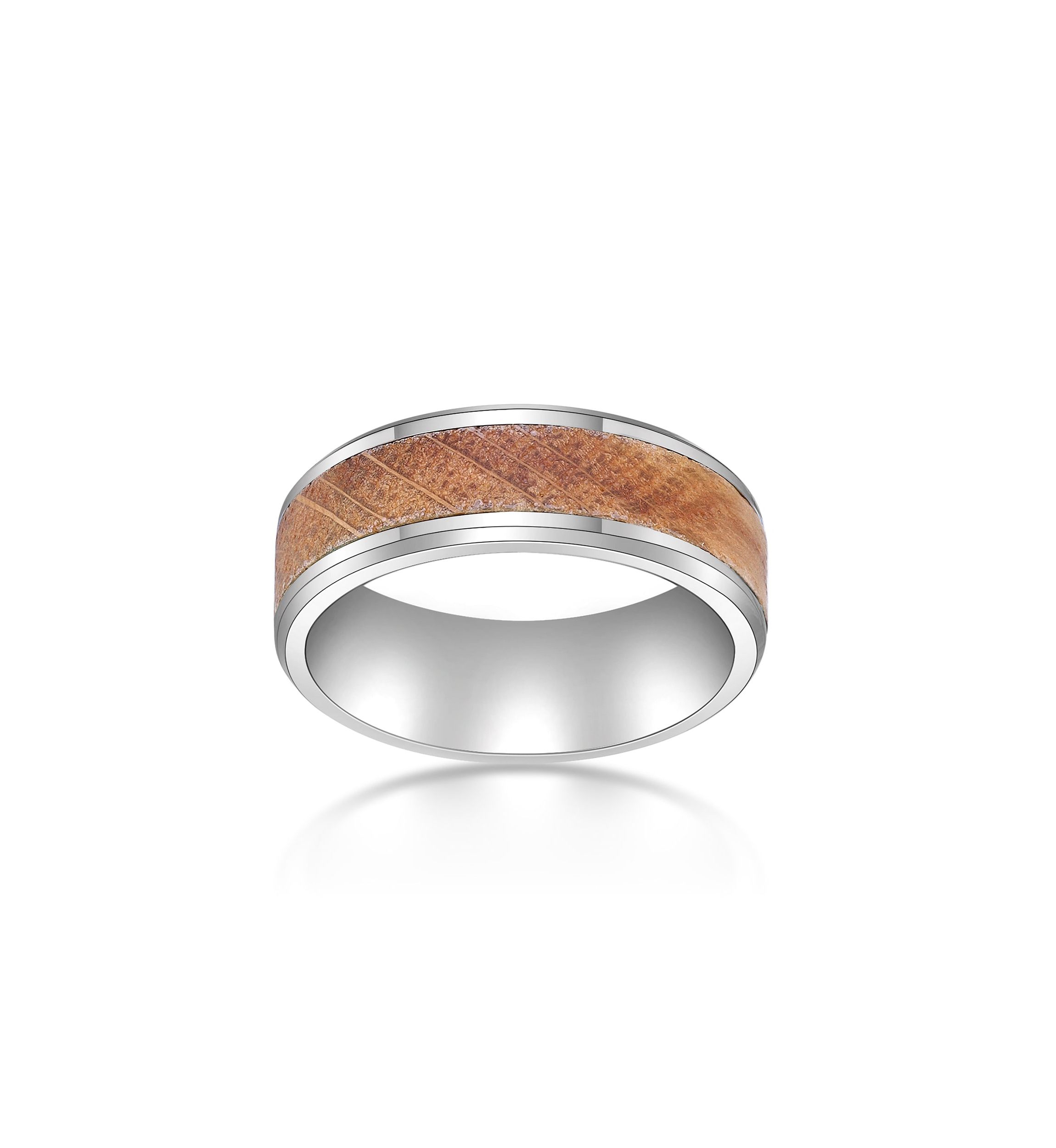 Stainless Steel Ring With Whisky Barrel Wood Inlay And Clear Resin