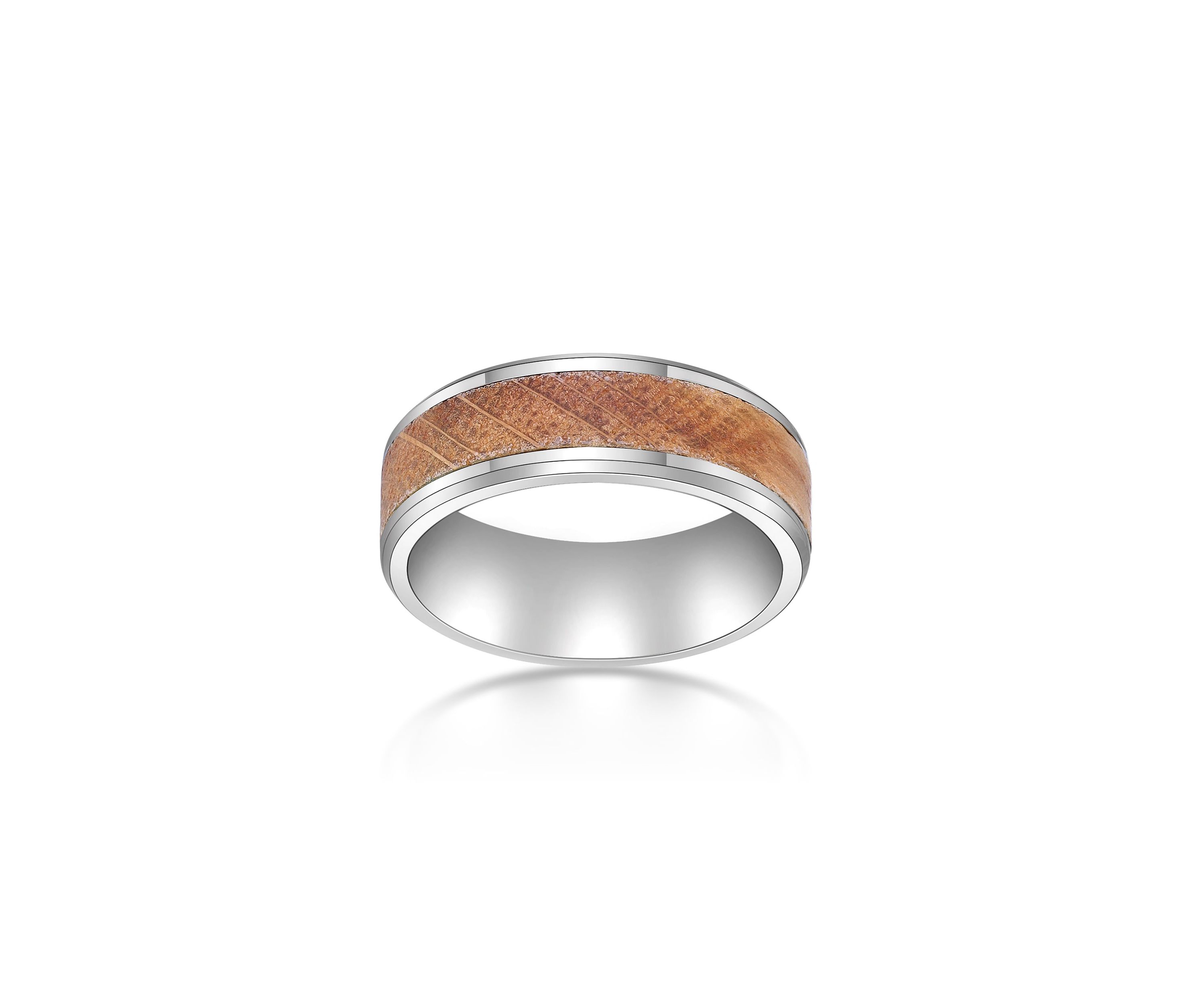 Stainless Steel Ring With Whisky Barrel Wood Inlay And Clear Resin