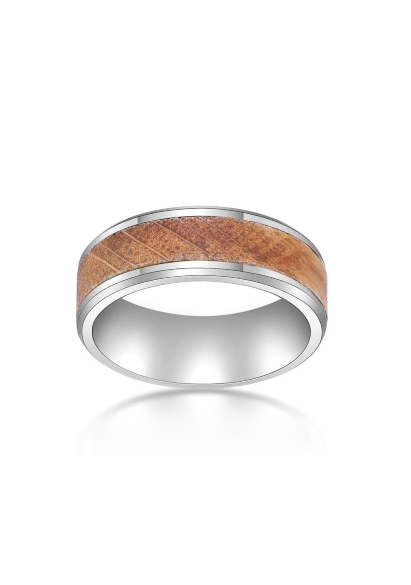 Stainless Steel Ring With Whisky Barrel Wood Inlay And Clear Resin
