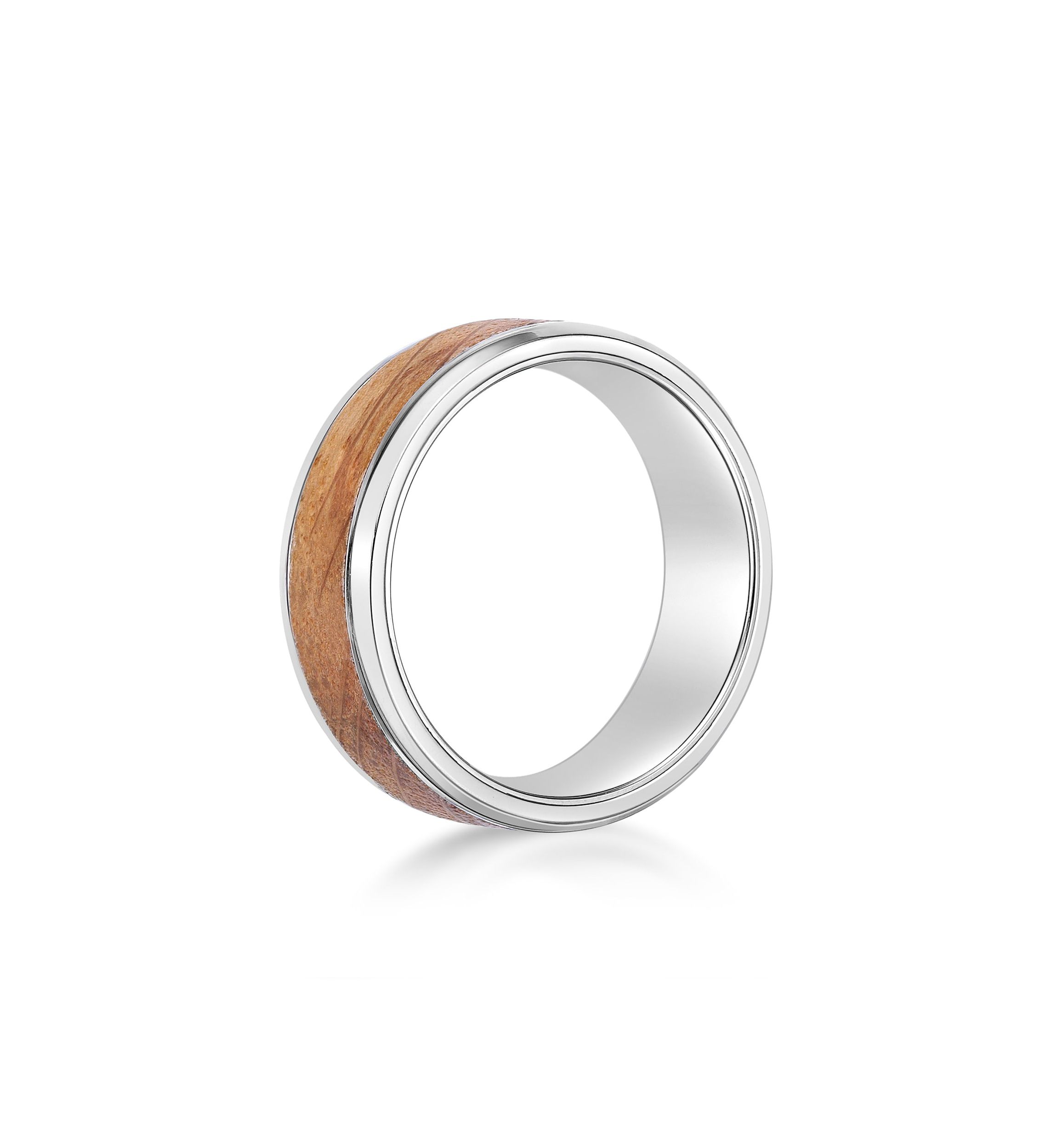 Stainless Steel Ring With Whisky Barrel Wood Inlay And Clear Resin