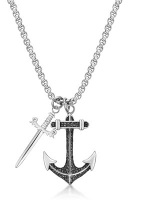 LYNX Men's Stainless Steel Anchor & Sword Pendant With Black Cz And 24" Round Box Chain, 24 in