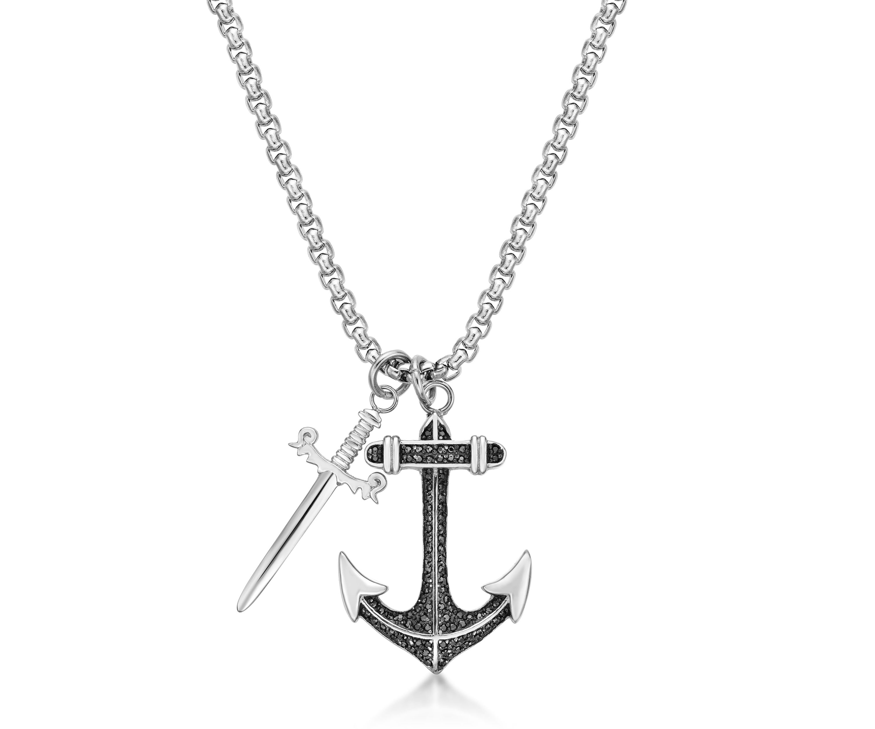 Stainless Steel Anchor & Sword Pendant With Black Cz And 24" Round Box Chain