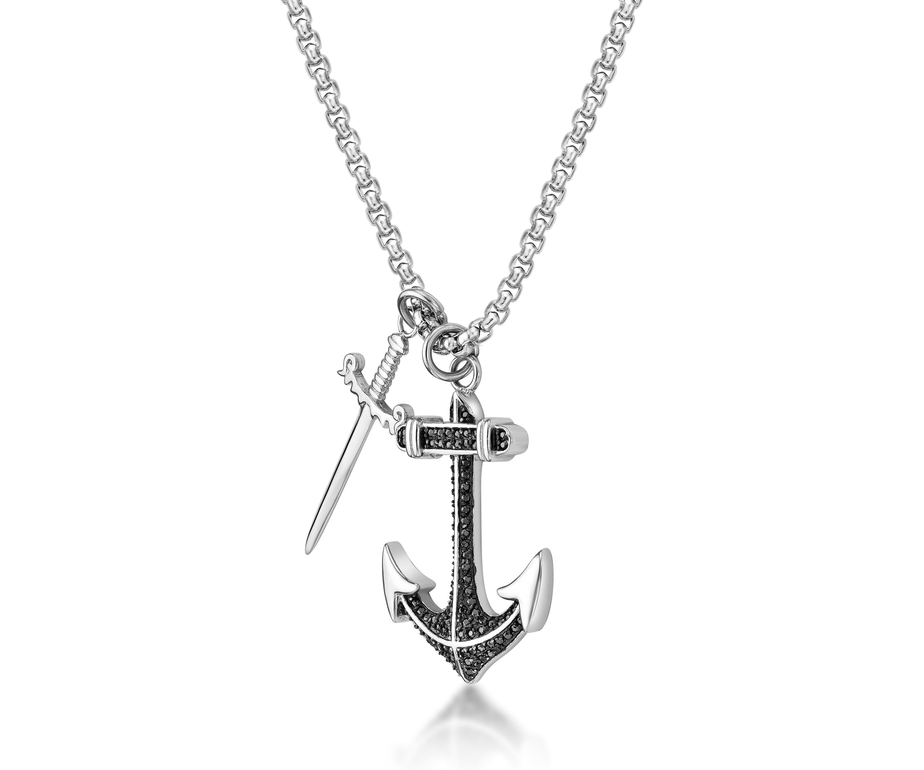 Stainless Steel Anchor & Sword Pendant With Black Cz And 24" Round Box Chain