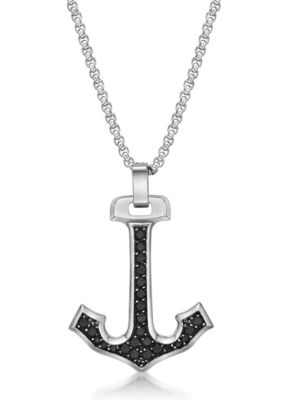 LYNX Men's Stainless Steel Anchor Pendant With Black Cz And 24" Round Box Chain, 24 in