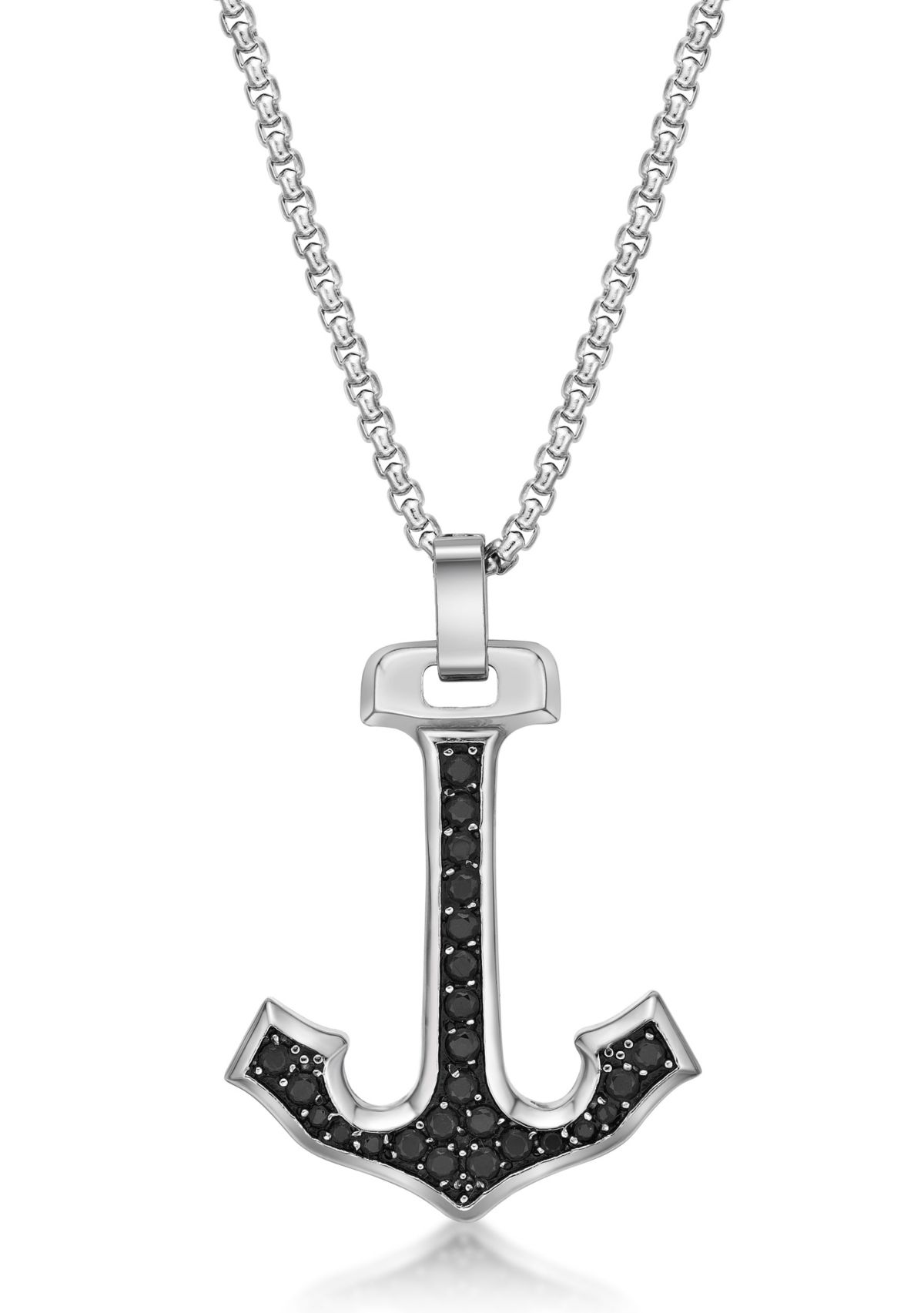 Stainless Steel Anchor Pendant With Black Cz And 24" Round Box Chain