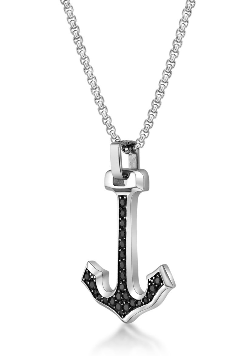Stainless Steel Anchor Pendant With Black Cz And 24" Round Box Chain