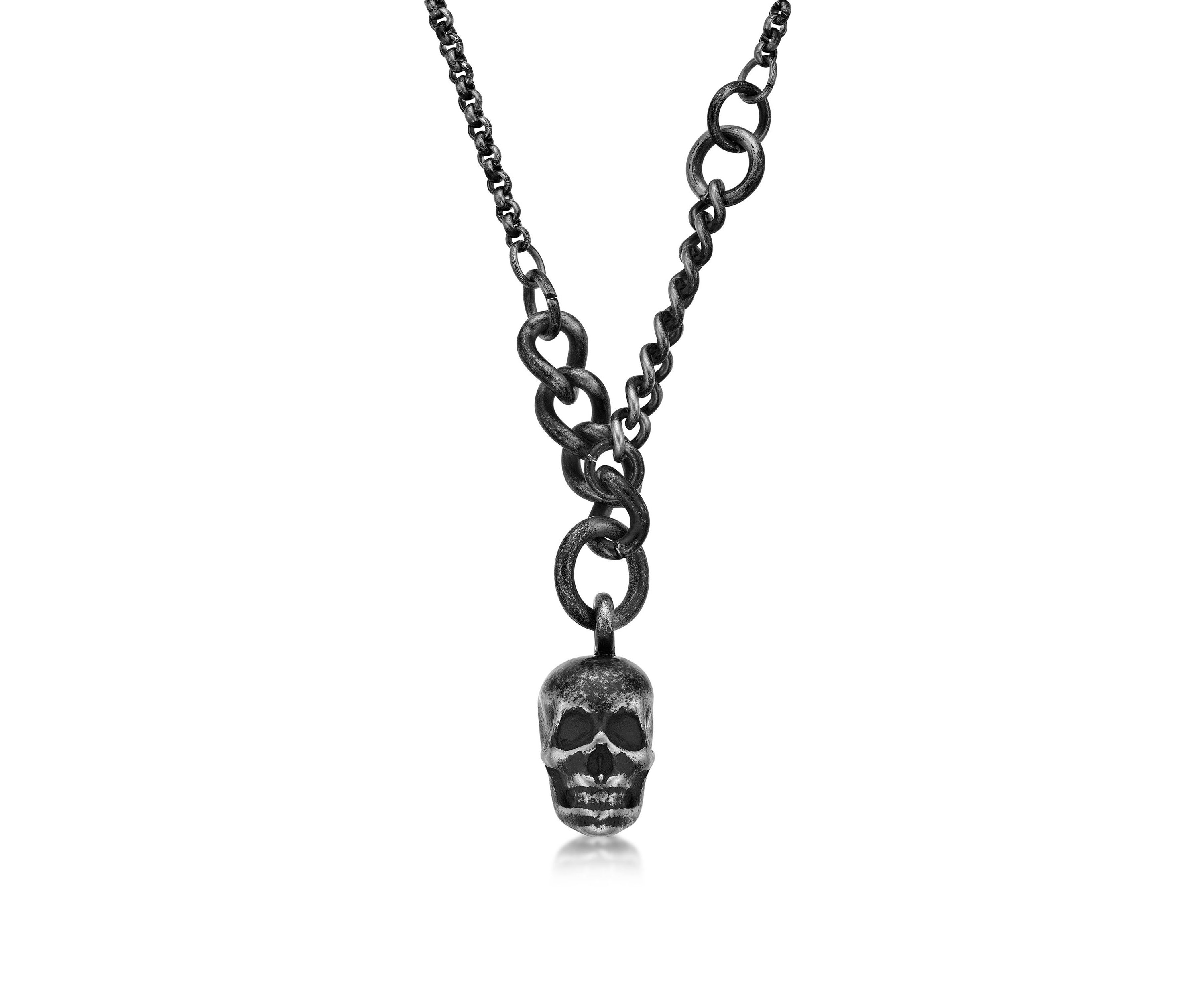 Stainless Steel Antiqued Finish Skull Necklace, 24" Length