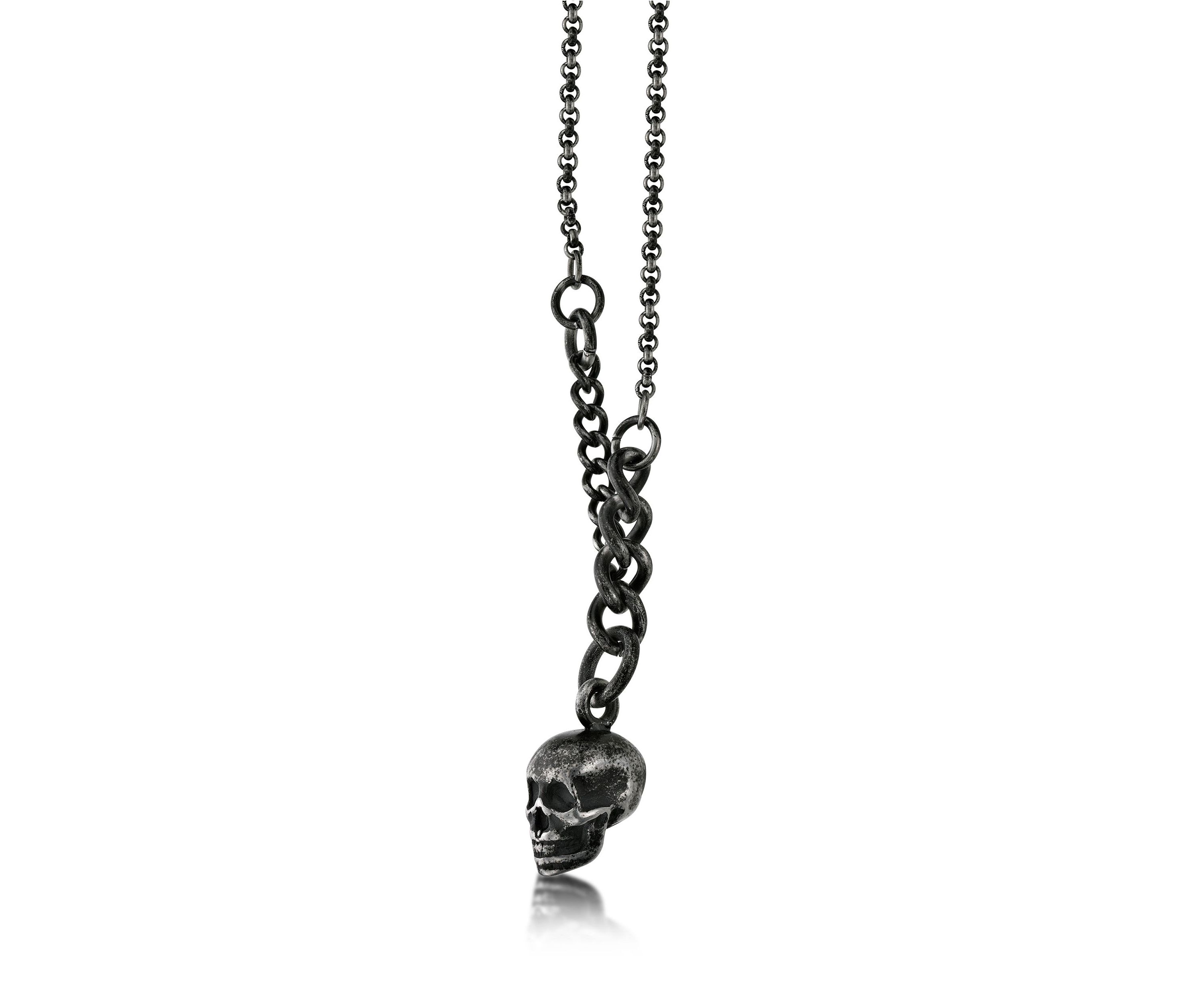 Stainless Steel Antiqued Finish Skull Necklace, 24" Length