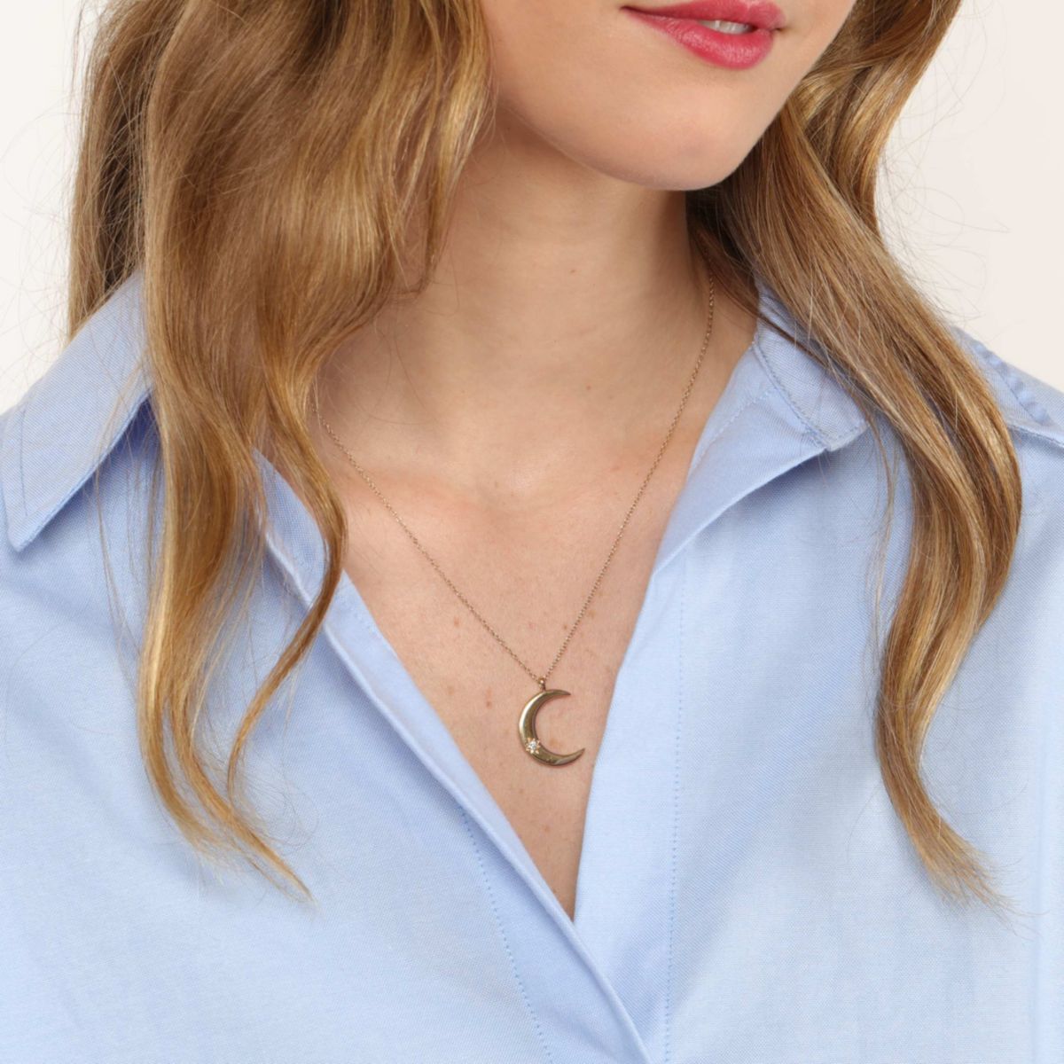 Lab Created Lab-Grown Diamond Accent Moon Pendant Necklace in Sterling Silver