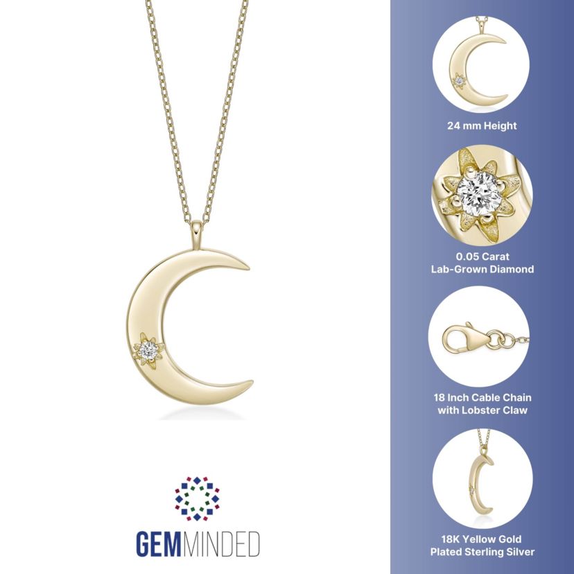 Lab Created Gemminded Lab-Grown Diamond Accent Moon Pendant Necklace in 18k Gold Over Silver