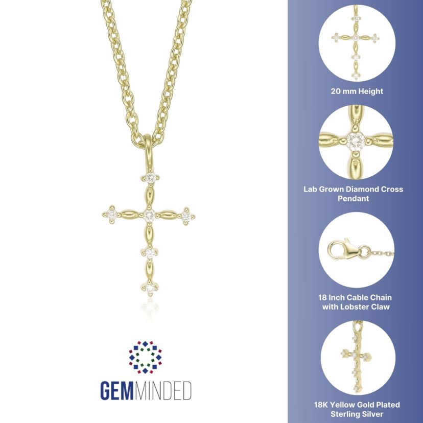 Lab Created Gemminded Lab-Grown Diamond Accent Cross Pendant Necklace in 18k Gold Over Silver