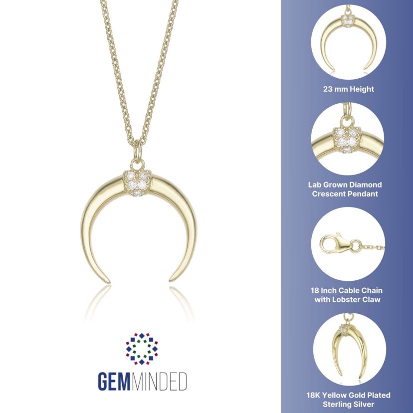 Lab Created Gemminded Lab-Grown Diamond Accent Crescent Moon Pendant Necklace in 18k Gold Over Silver