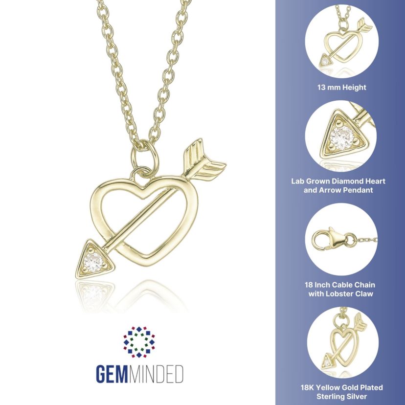 Lab Created Gemminded Lab-Grown Diamond Accent Arrow Through Heart Pendant Necklace in 18k Gold Over Silver