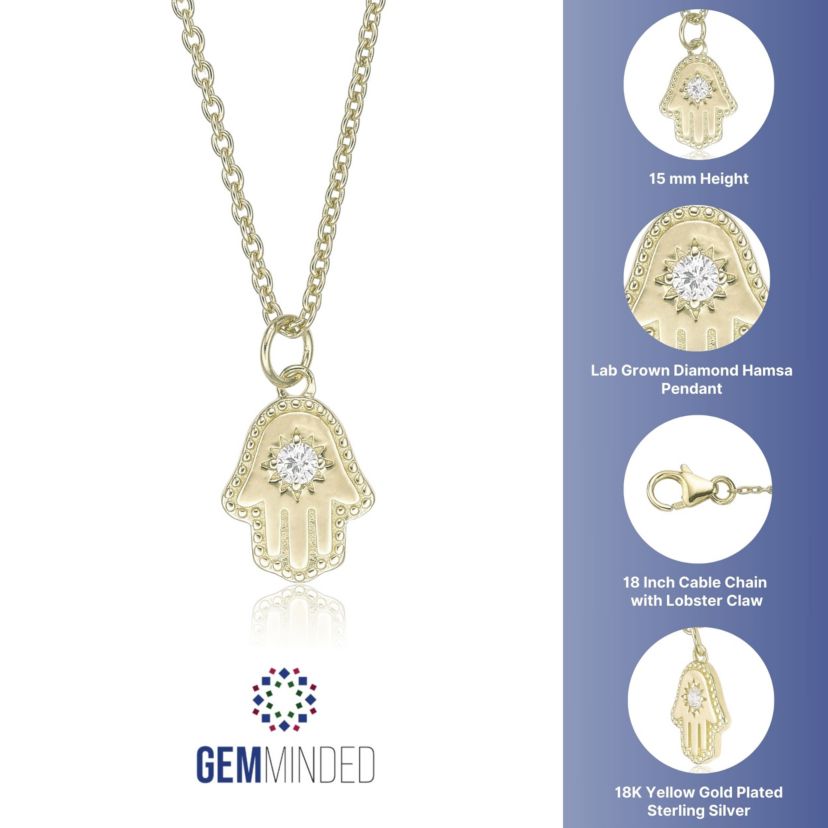 Lab Created Gemminded Lab-Grown Diamond Accent Hamsa Pendant Necklace in 18k Gold Over Silver