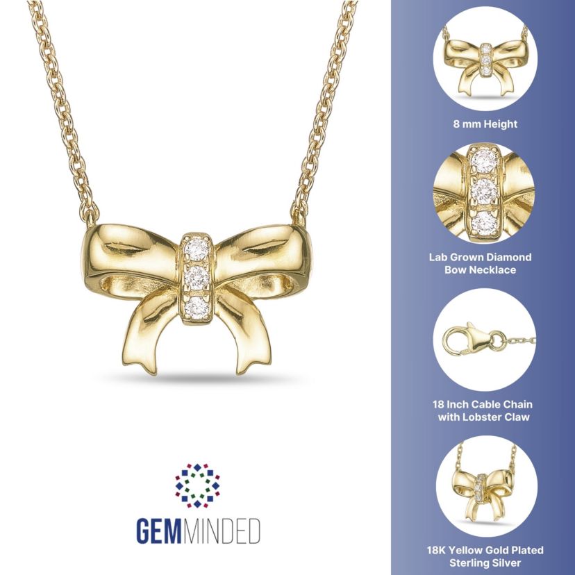 Lab Created Gemminded Lab-Grown Diamond Accent Bow Pendant Necklace in 18k Gold Over Silver