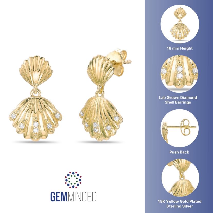 Lab Created Gemminded Lab-Created Diamond Accent Seashell Drop Post Earrings in 18k Gold Over Silver