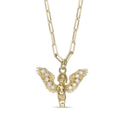 Brilliant Grown Lab Created 18k Gold Plated Sterling Silver 1/10 cttw. Lab Grown Diamond Angel Pendant Necklace, Yellow, 18 in