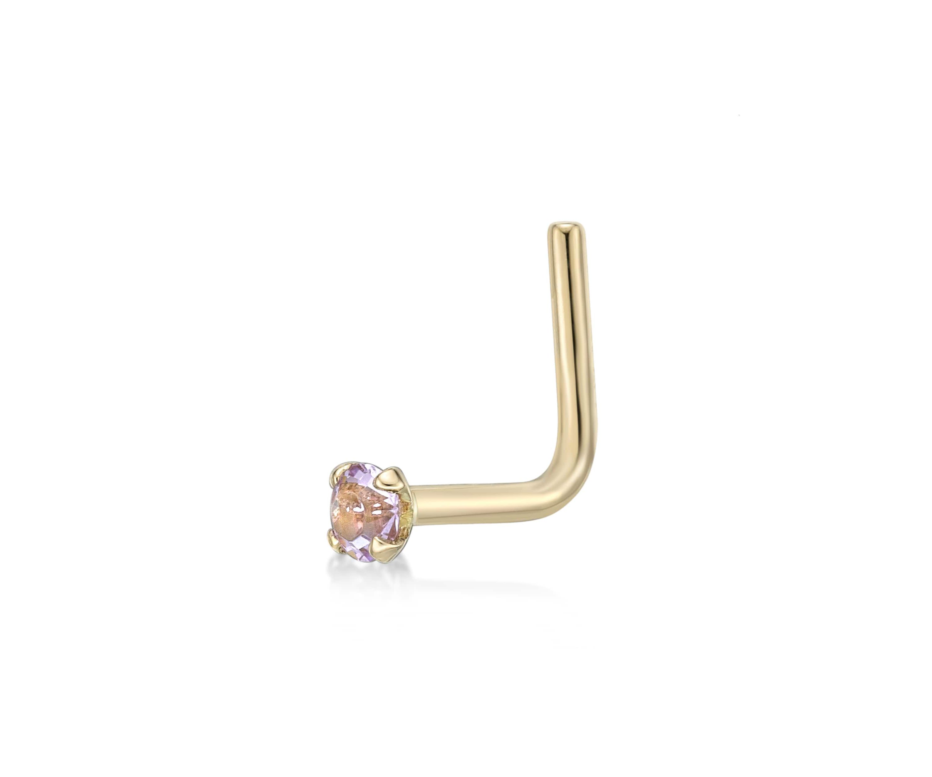 Lila Moon 90 Degree Purple Crystal Nose Stud in 14K Gold