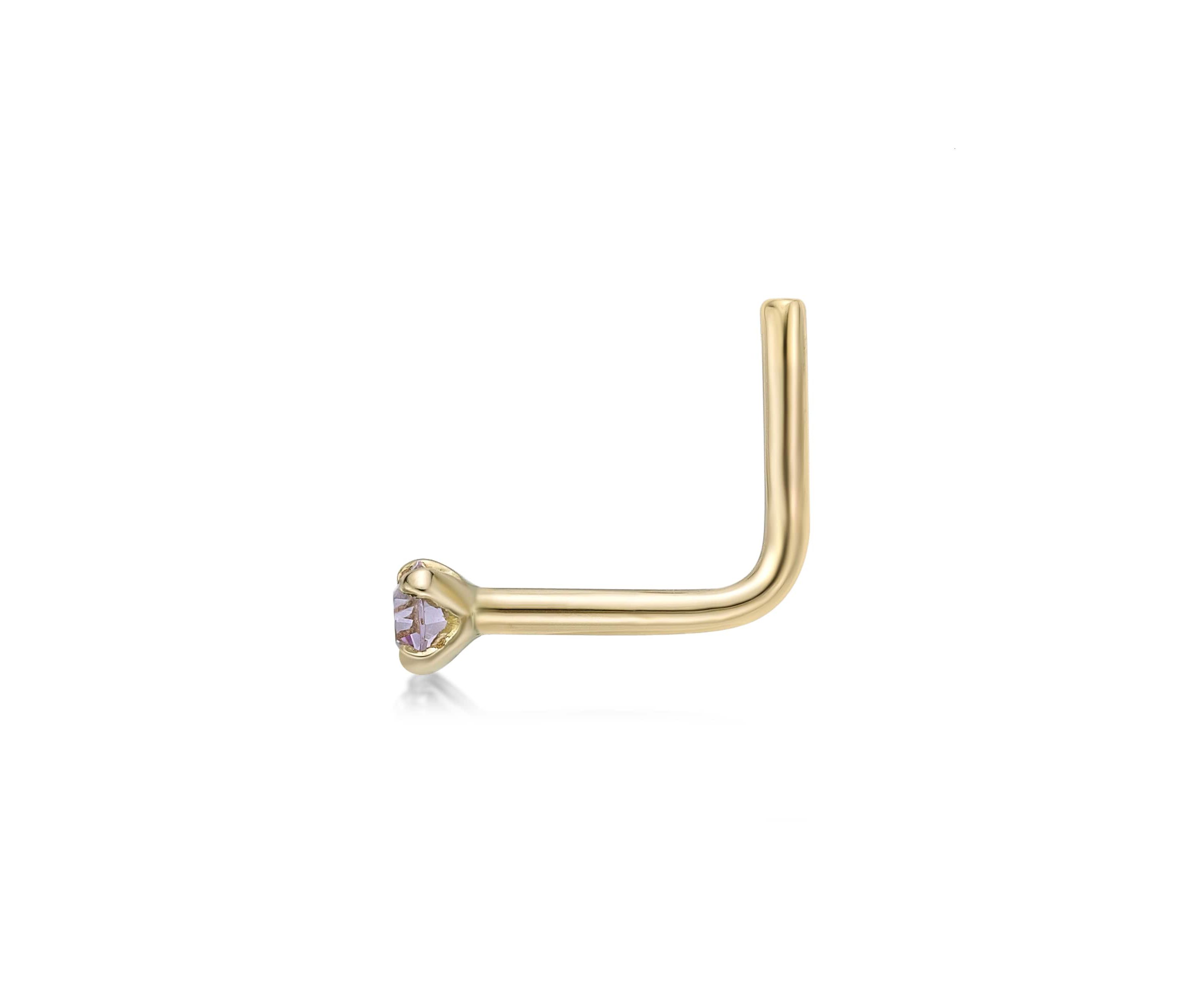 Lila Moon 90 Degree Purple Crystal Nose Stud in 14K Gold