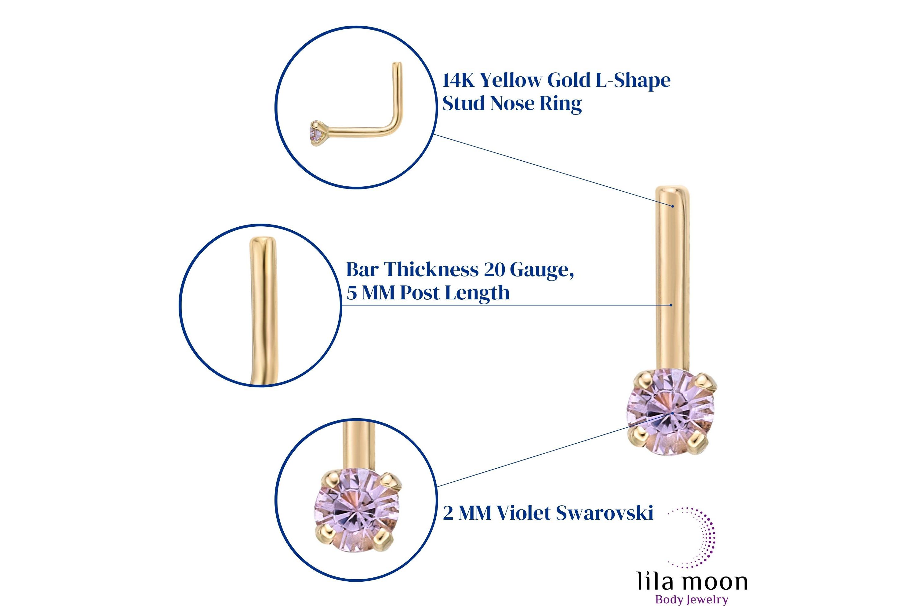 Lila Moon 90 Degree Purple Crystal Nose Stud in 14K Gold