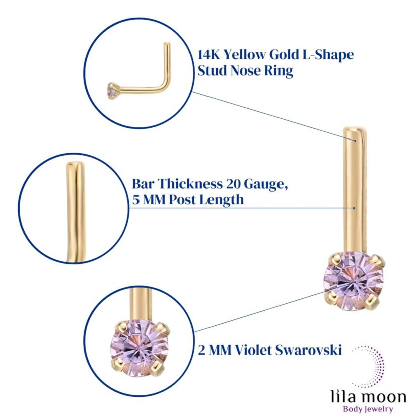 Lila Moon 90 Degree Purple Crystal Nose Stud in 14K Gold