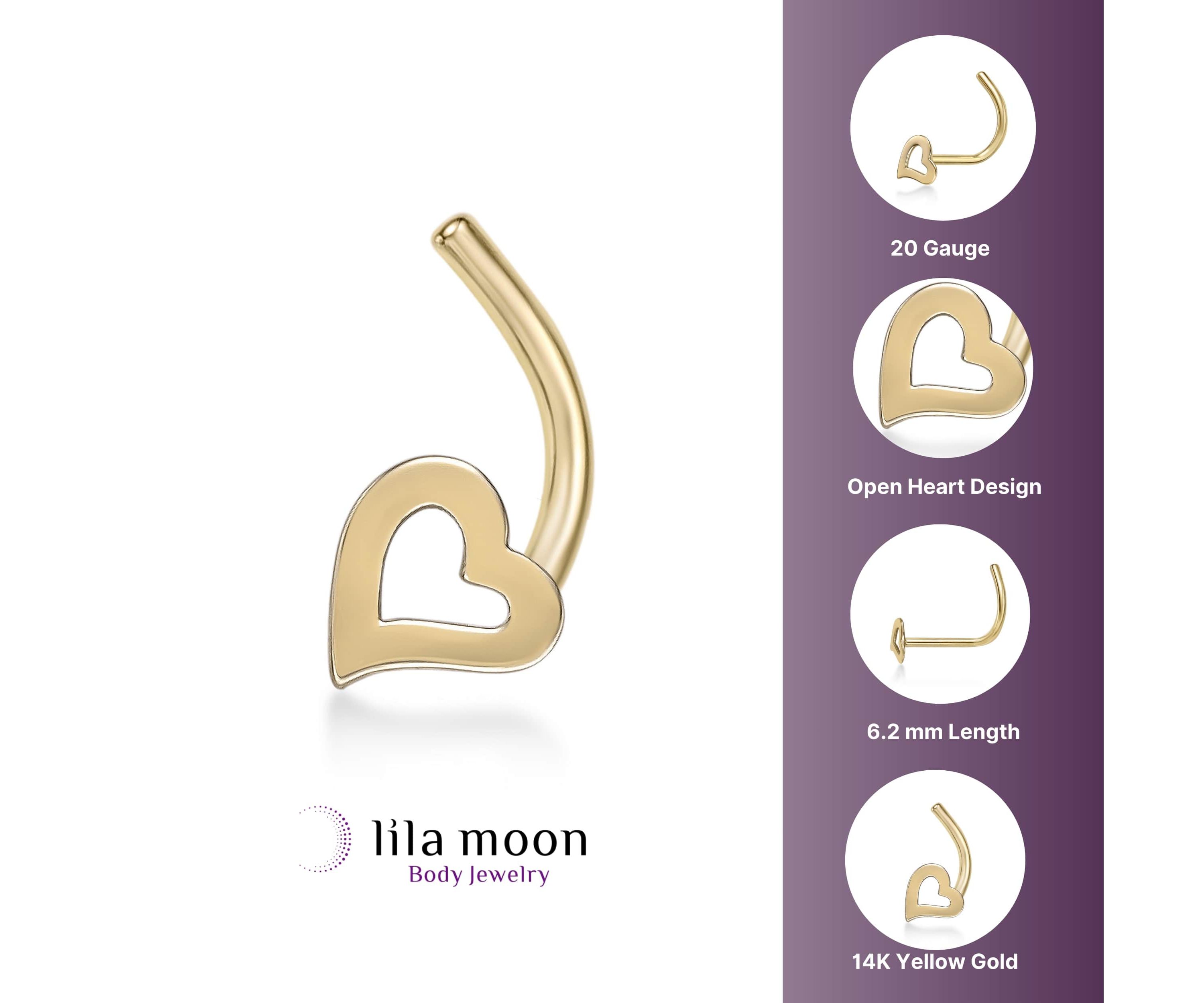 Lila Moon Heart Curved Nose Ring Stud in 14K Gold